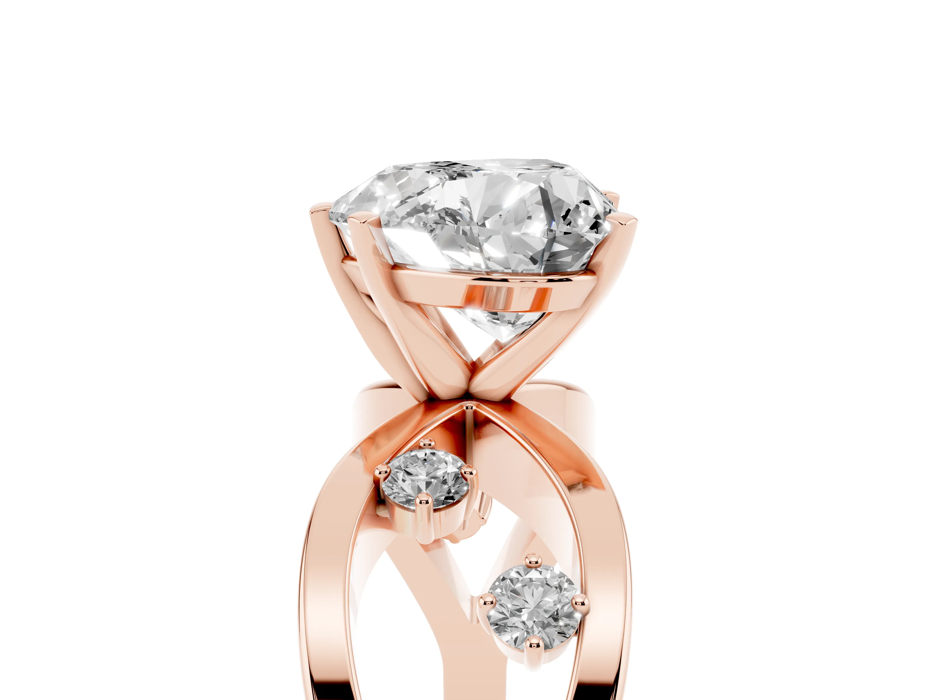 Heart Cut Diamond Solitaire Ring Set in Rose gold with Side Stones on Criss-Cross Band and Prong Setting