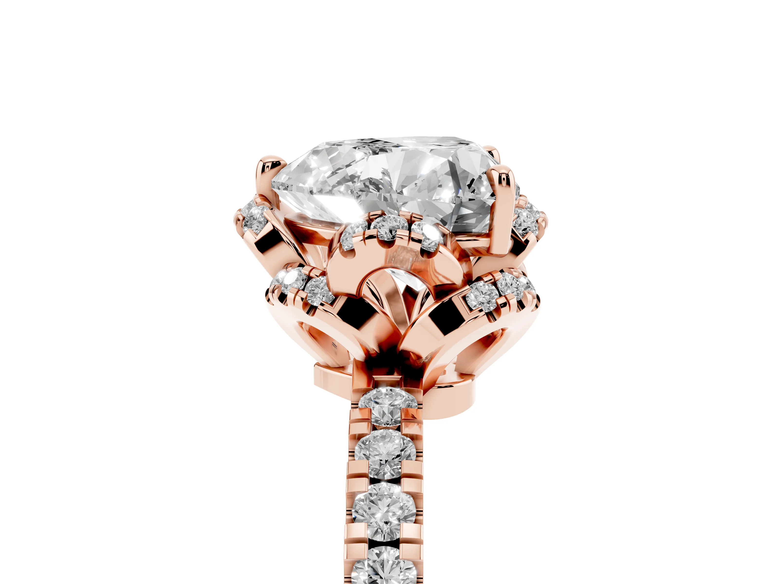 Heart Cut Diamond Halo Pavé Band Ring Set in Rose gold with Prong-Held Center