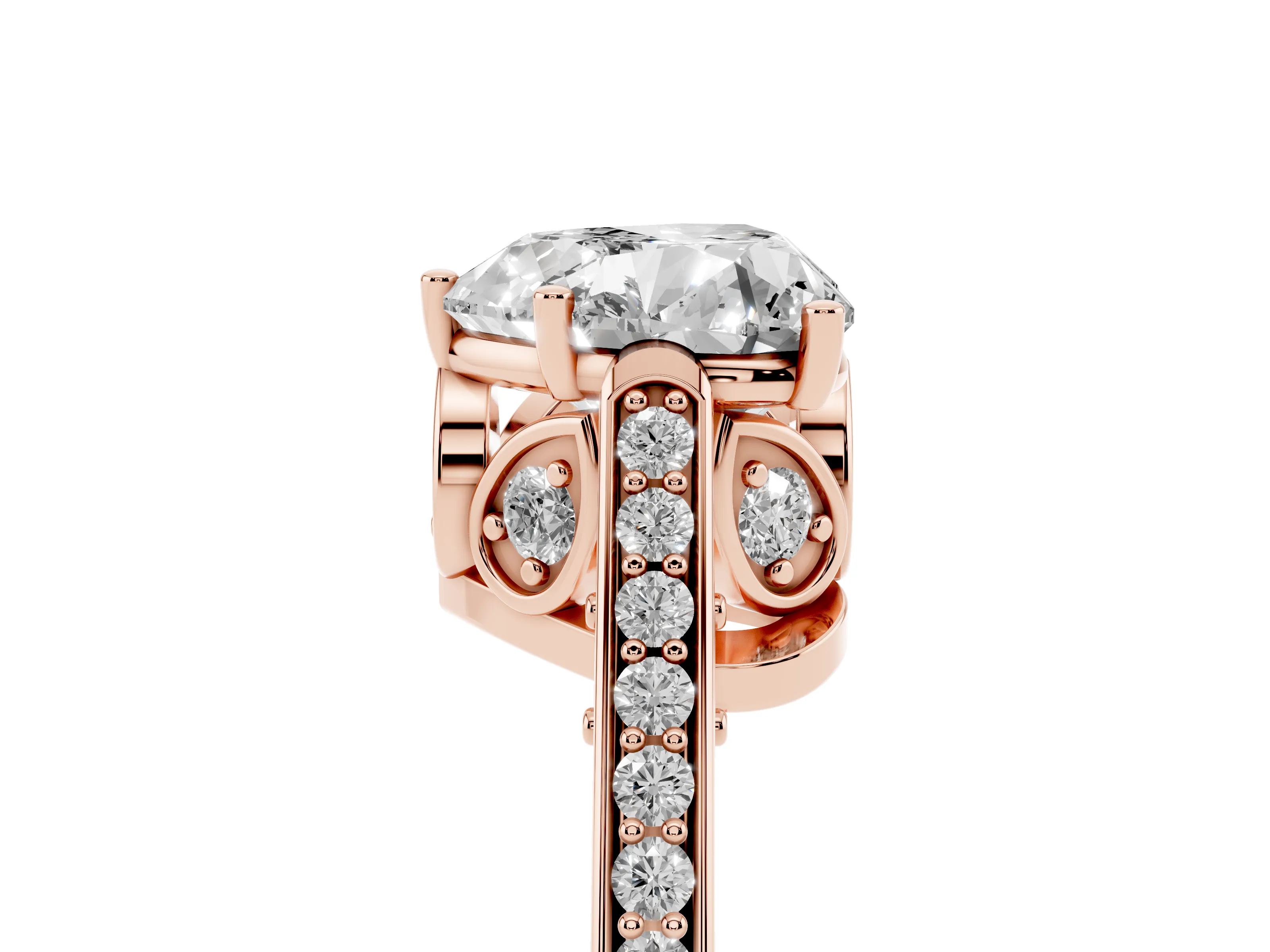 Heart Cut Diamond Cathedral Pavé Engagement Ring Set in Rose gold with Prong Setting