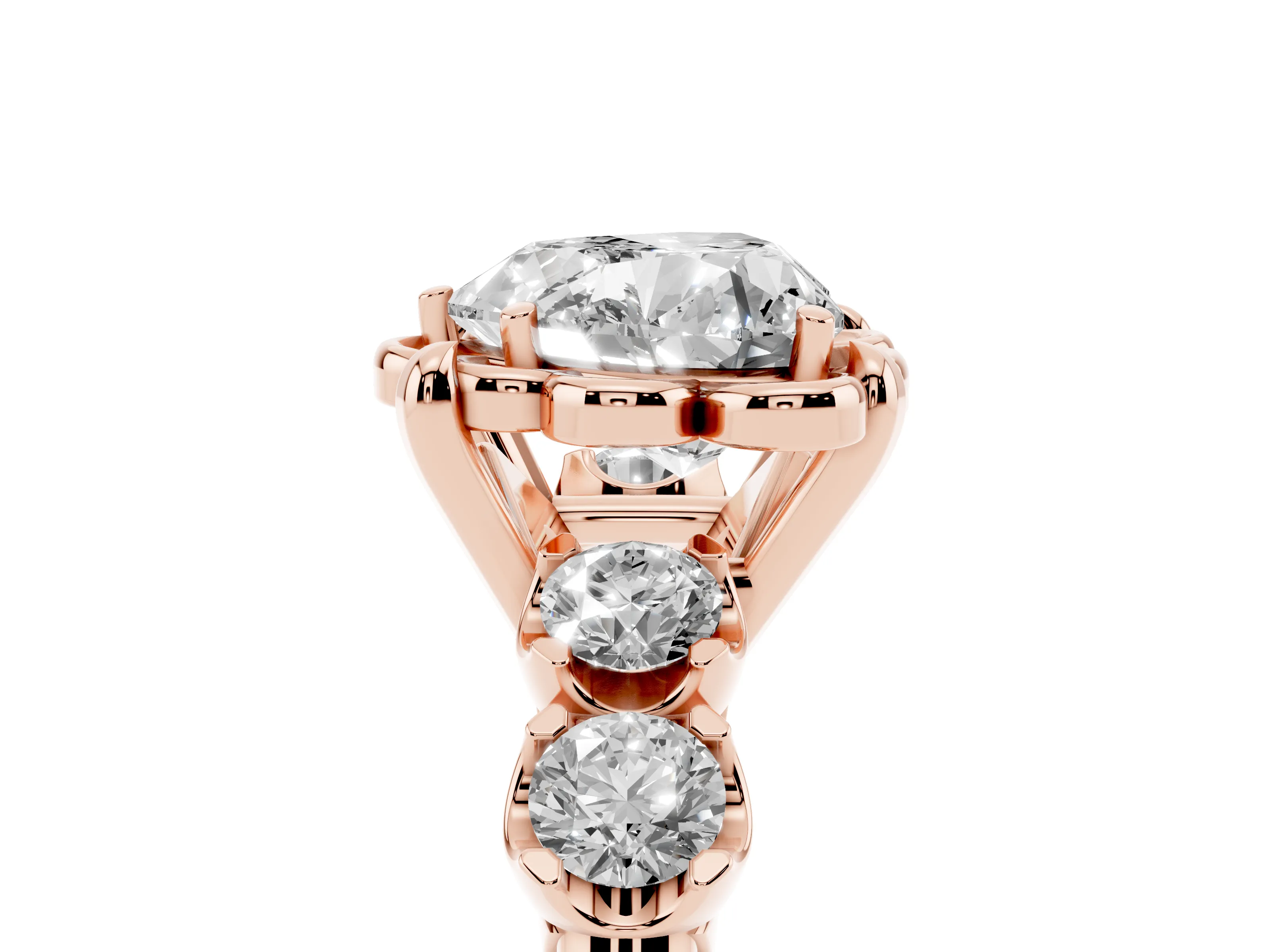 Heart Cut Diamond Floral Halo Ring Set in Rose gold with Shared Prong Band