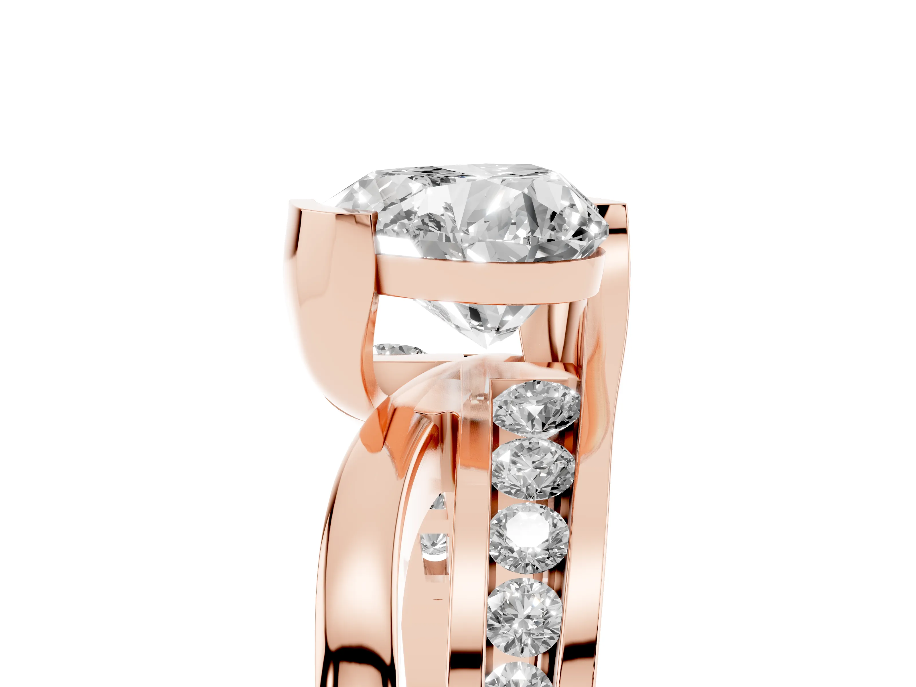 Heart Cut Diamond Solitaire Ring Set in Rose gold with Channel Set Split Shank and Tension Prongs