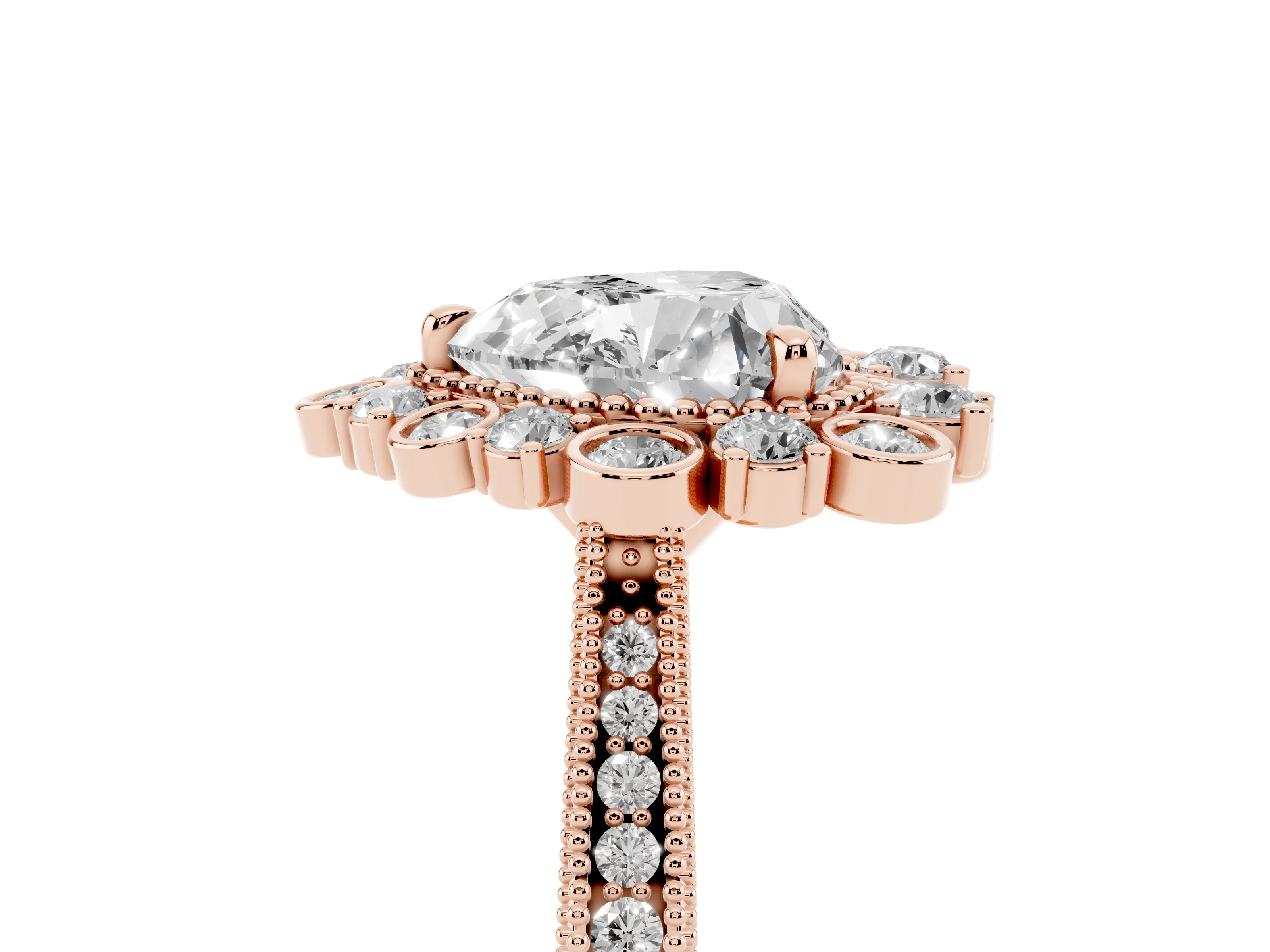 Heart Cut Diamond Halo Milgrain Pavé Ring Set in Rose gold with Prong Setting