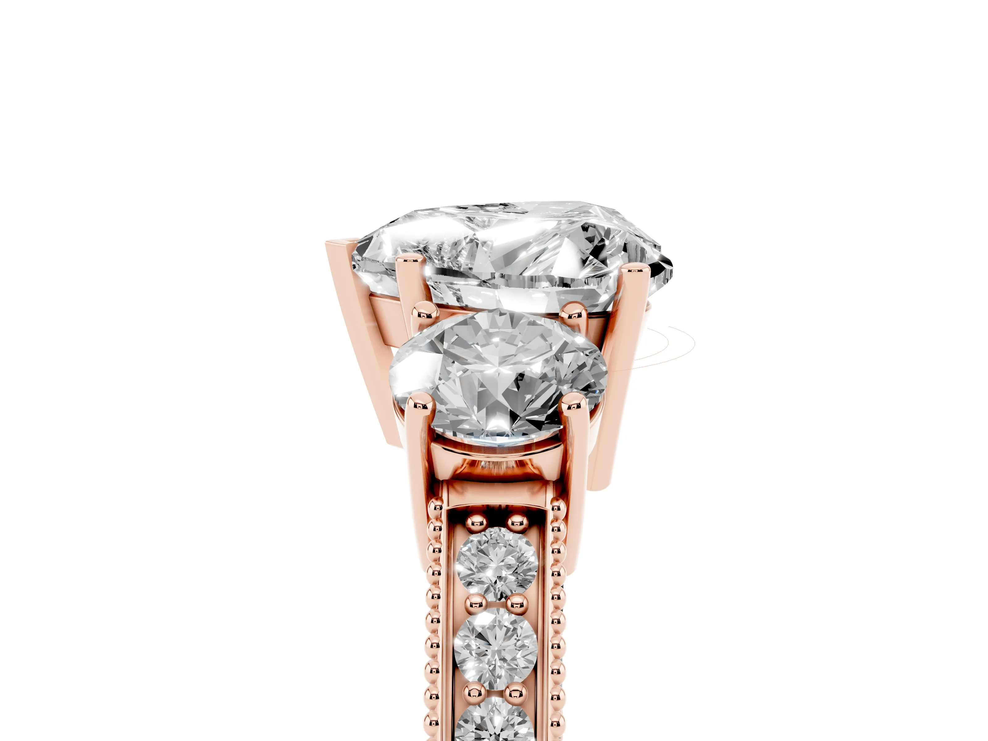 Heart Cut Diamond Three-Stone Ring Set in Rose gold with Round Side Stones and Pavé Band
