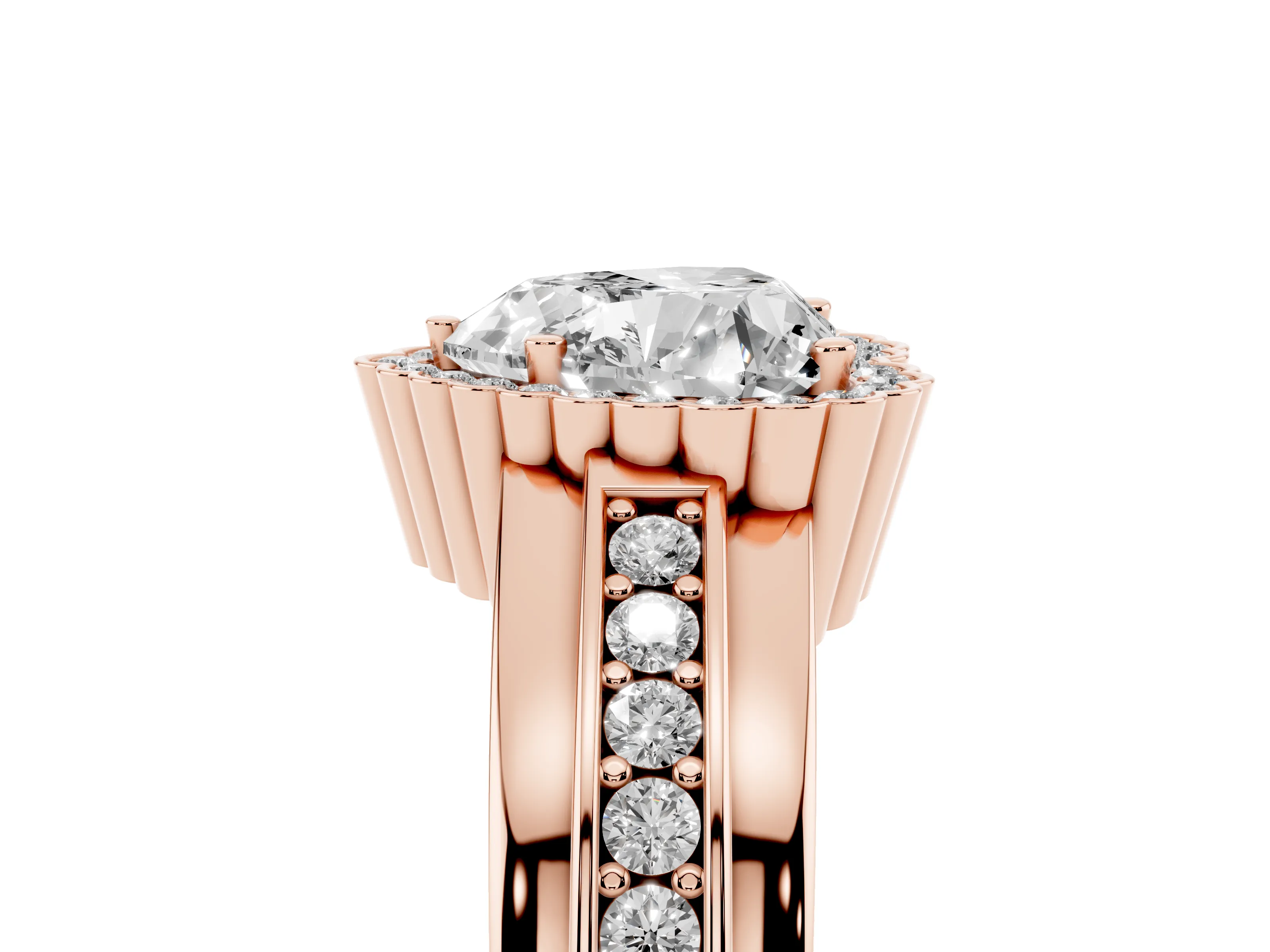 Heart Cut Diamond Halo Prong Ring Set in Rose gold with Pavé Band