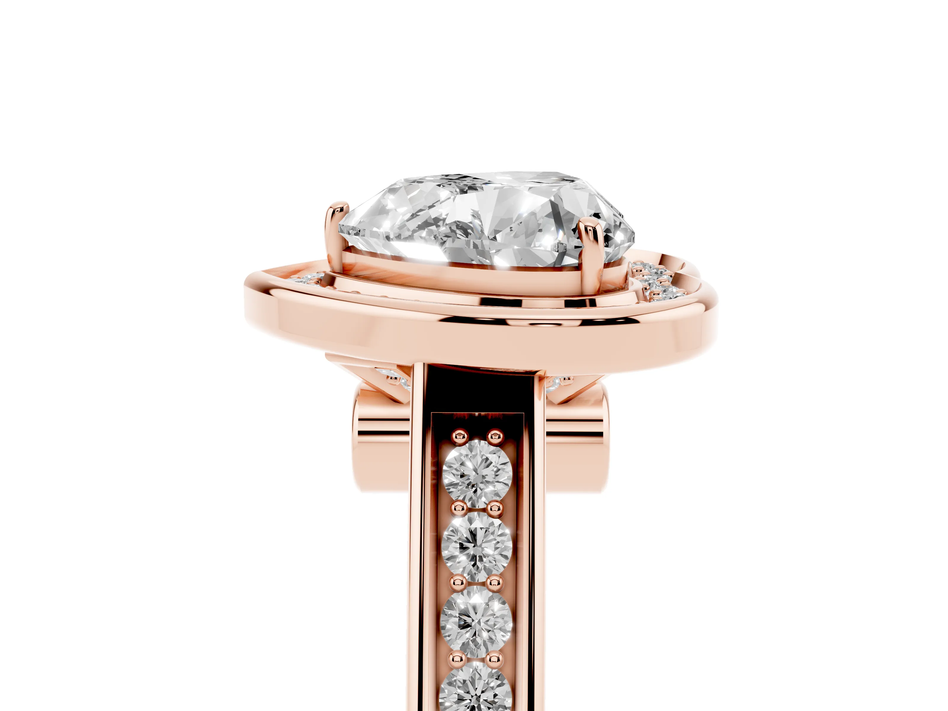 Heart Cut Diamond Halo Solitaire Ring Set in Rose gold with Pavé Band and Bezel Setting