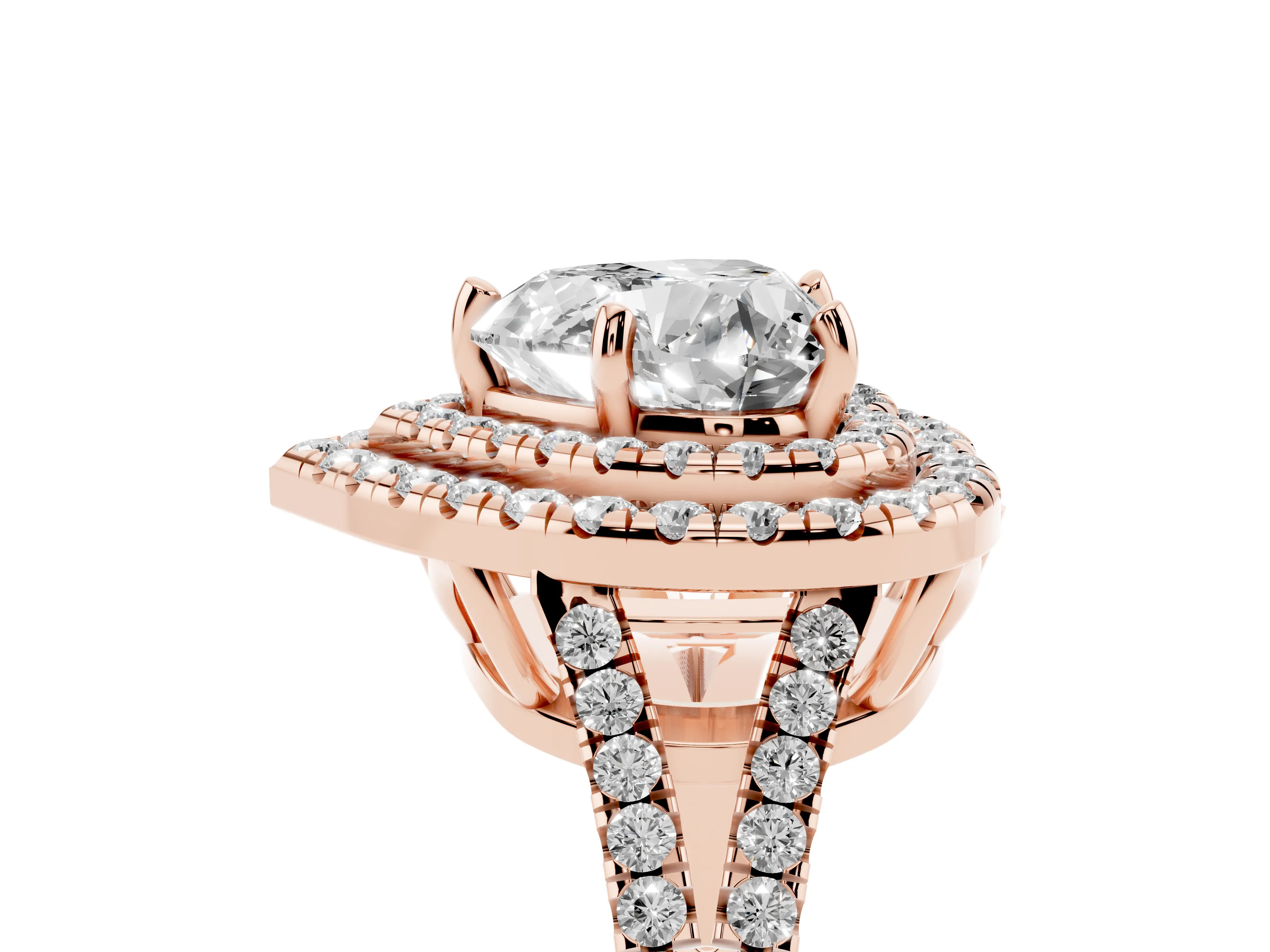 Heart Cut Diamond Double Halo Ring Set in Rose gold with Pavé Band