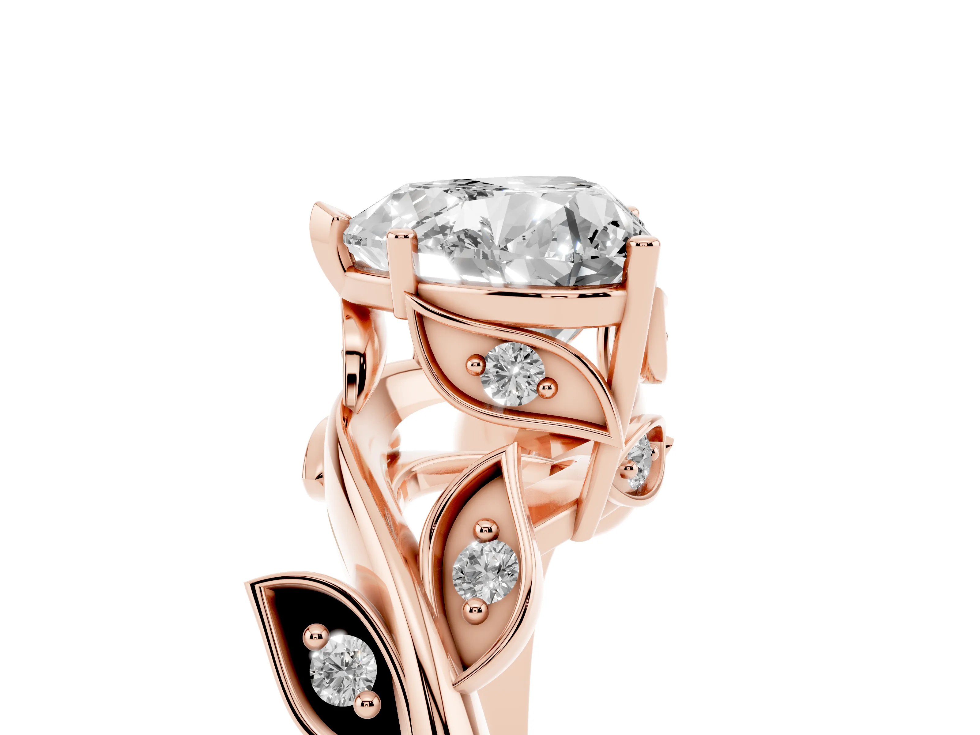Heart Cut Diamond Solitaire Twist Engagement Ring Set in Rose gold with Pavé Leaf Accents