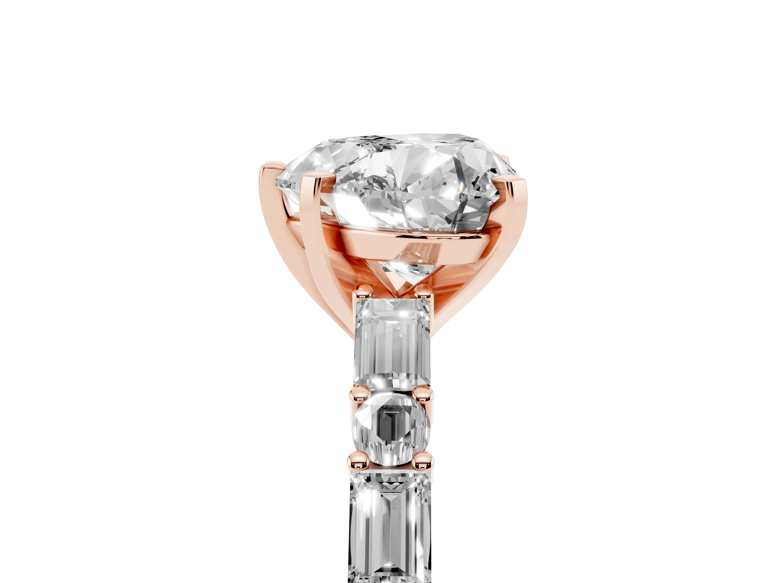 Heart Cut Diamond Solitaire Set in Rose gold with Side Baguettes and Channel Set Band
