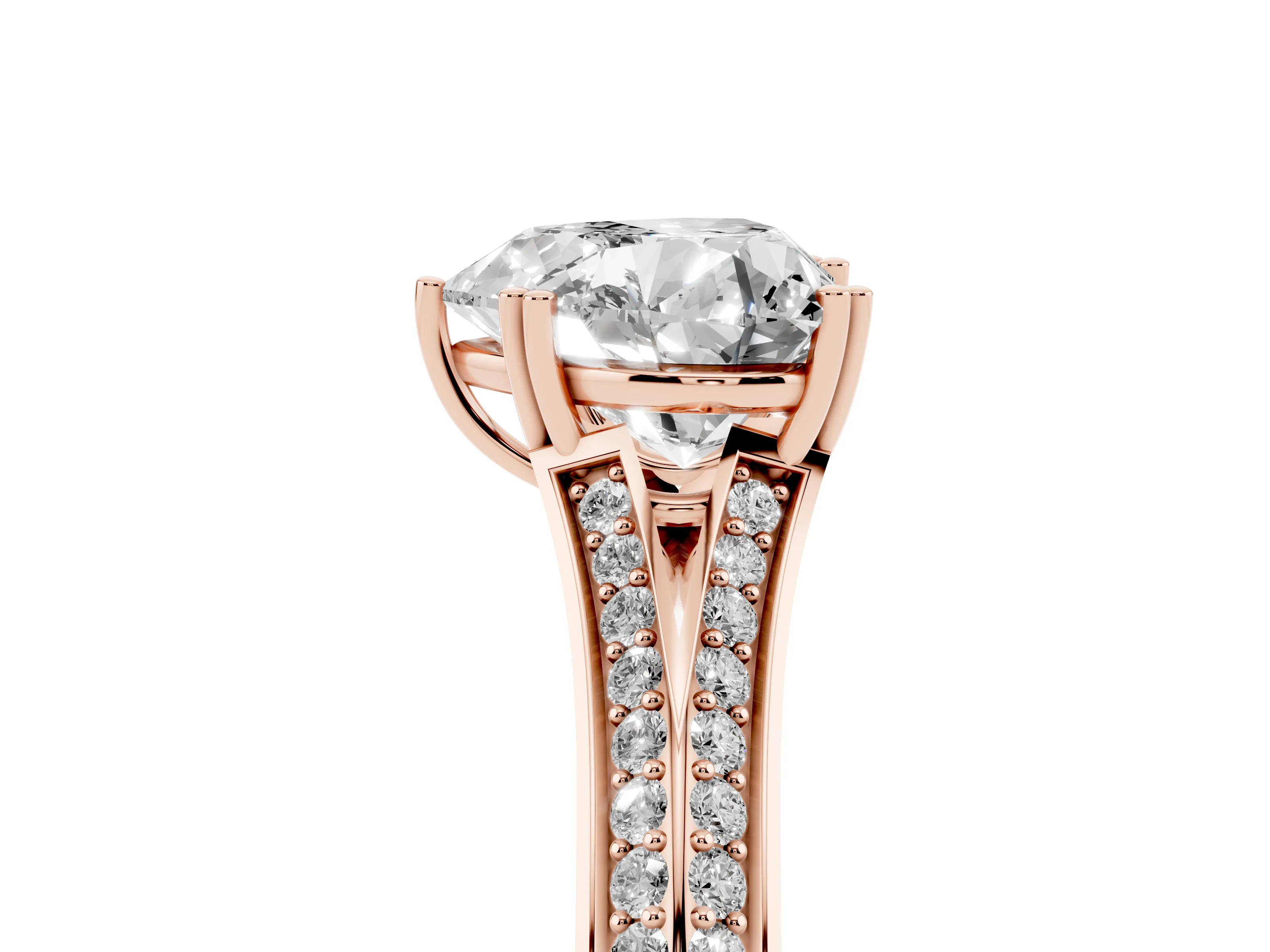 Heart Cut Diamond Split Shank Pavé Engagement Ring Set in Rose gold with Prong-Set Center Stone