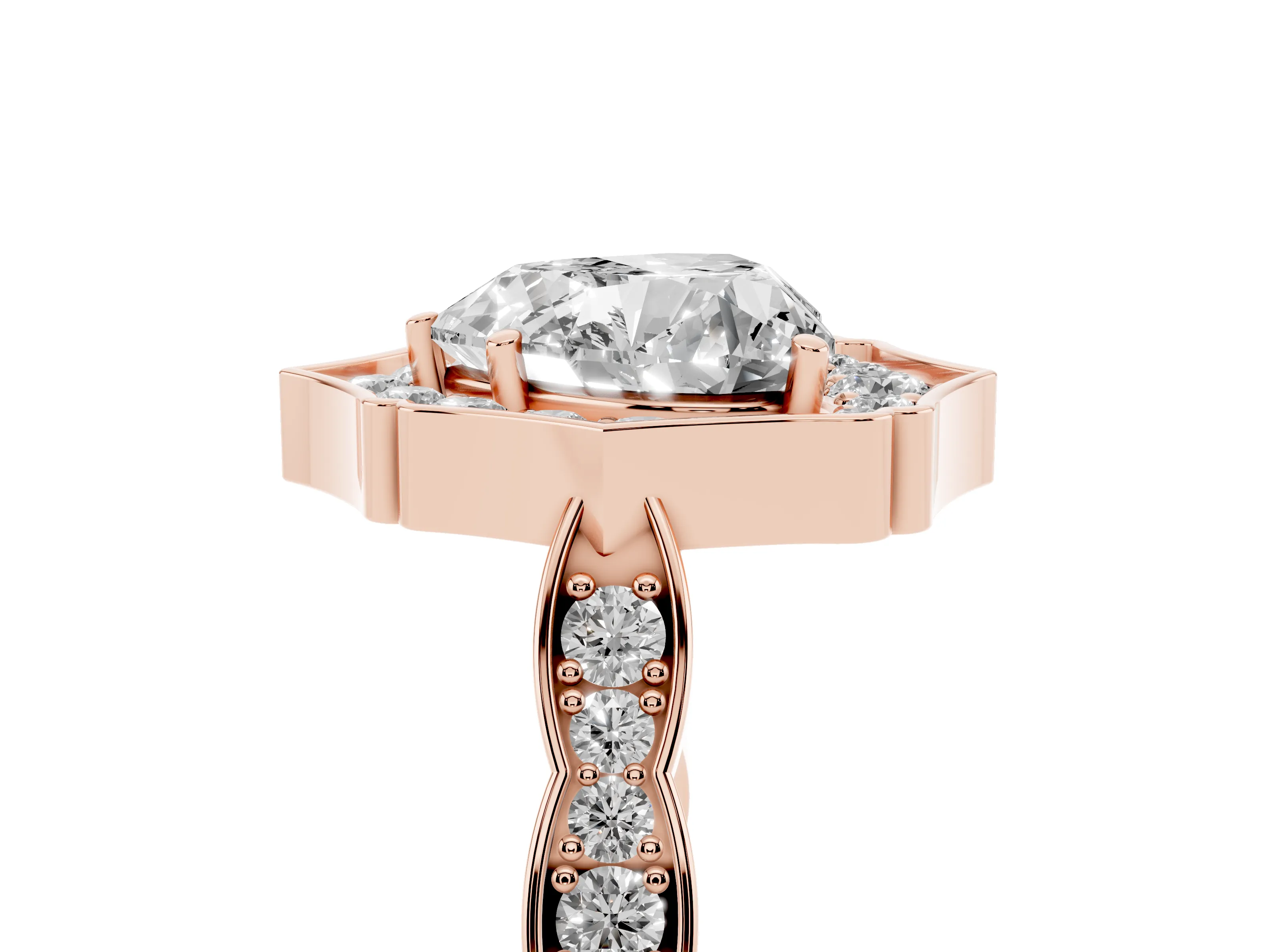 Heart Cut Diamond Halo Engagement Ring Set in Rose gold with Milgrain Band and Prong Setting
