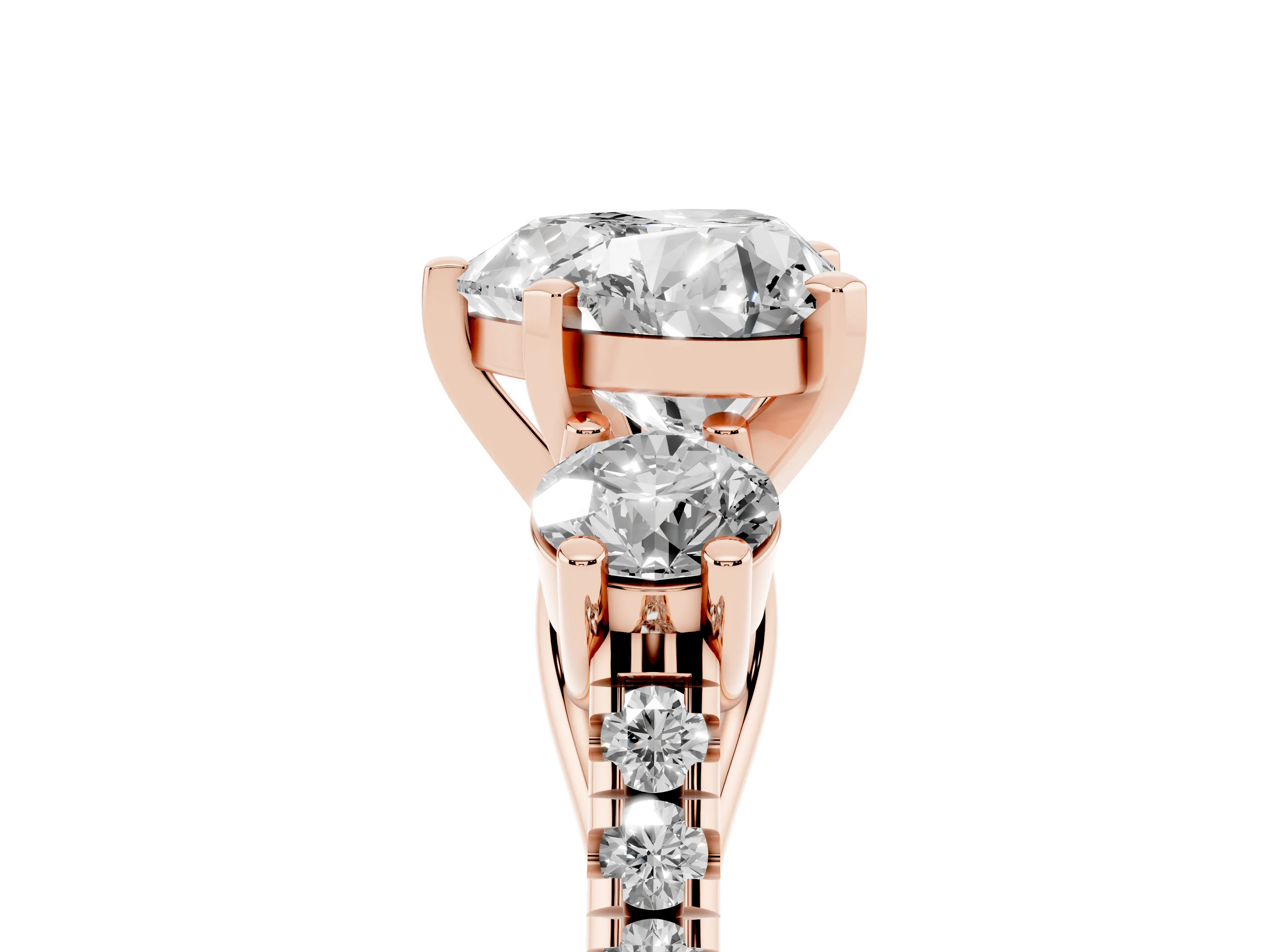 Three-Stone Heart Cut Diamond Pavé Band Ring Set in Rose gold with Prong-Set Trio