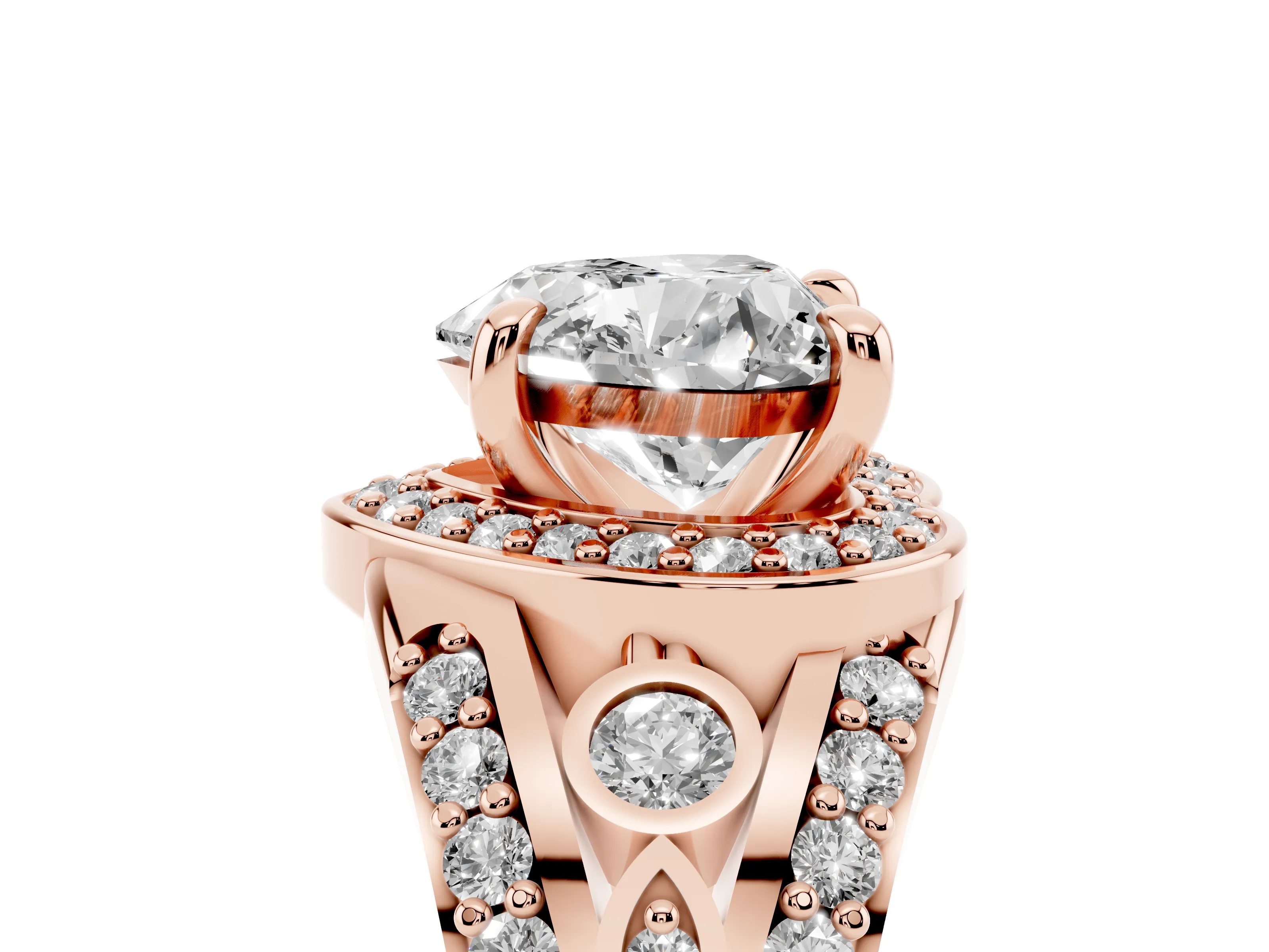 Heart Cut Diamond Halo Ring Set in Rose gold with Pavé Split Shank and Bezel Accents