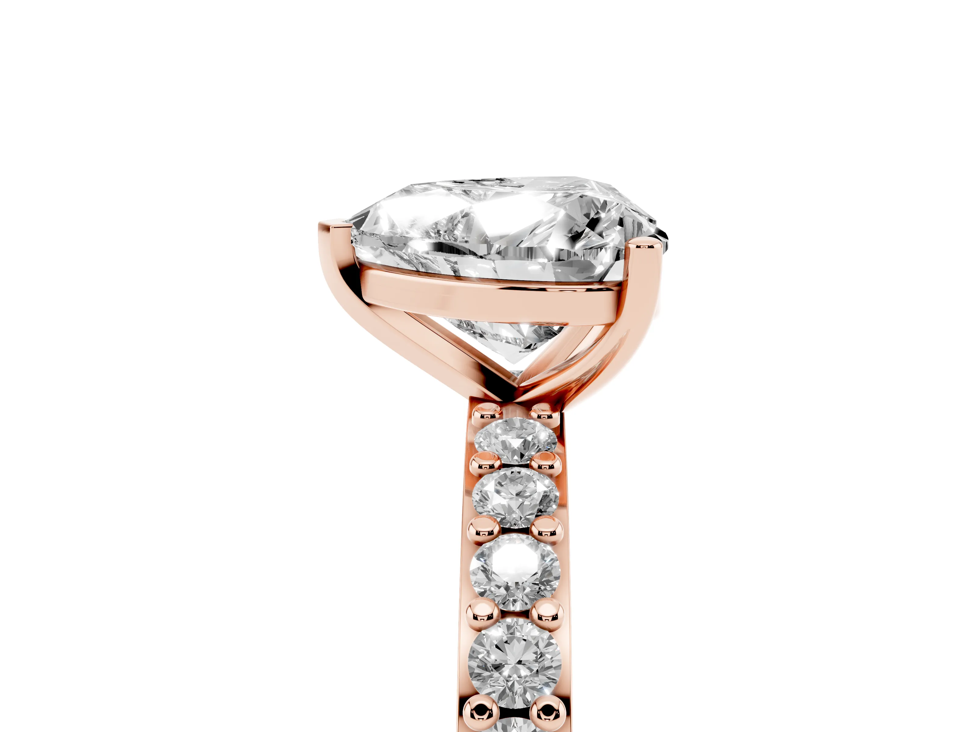 Heart Cut Diamond Solitaire Set in Rose gold with Round Pavé Band and Prong Setting