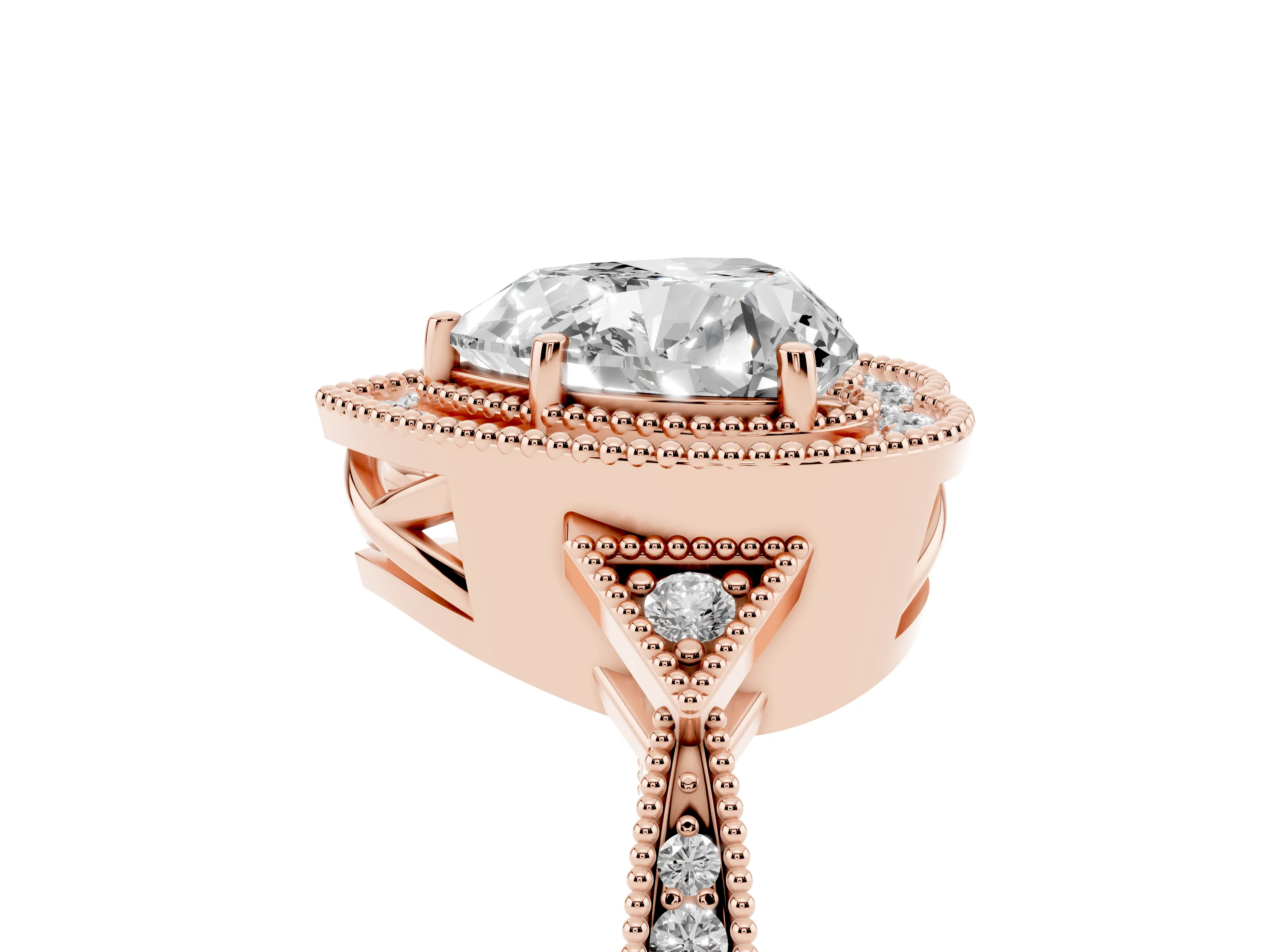 Heart Cut Diamond Halo Engagement Ring Set in Rose gold with Milgrain Pavé Band