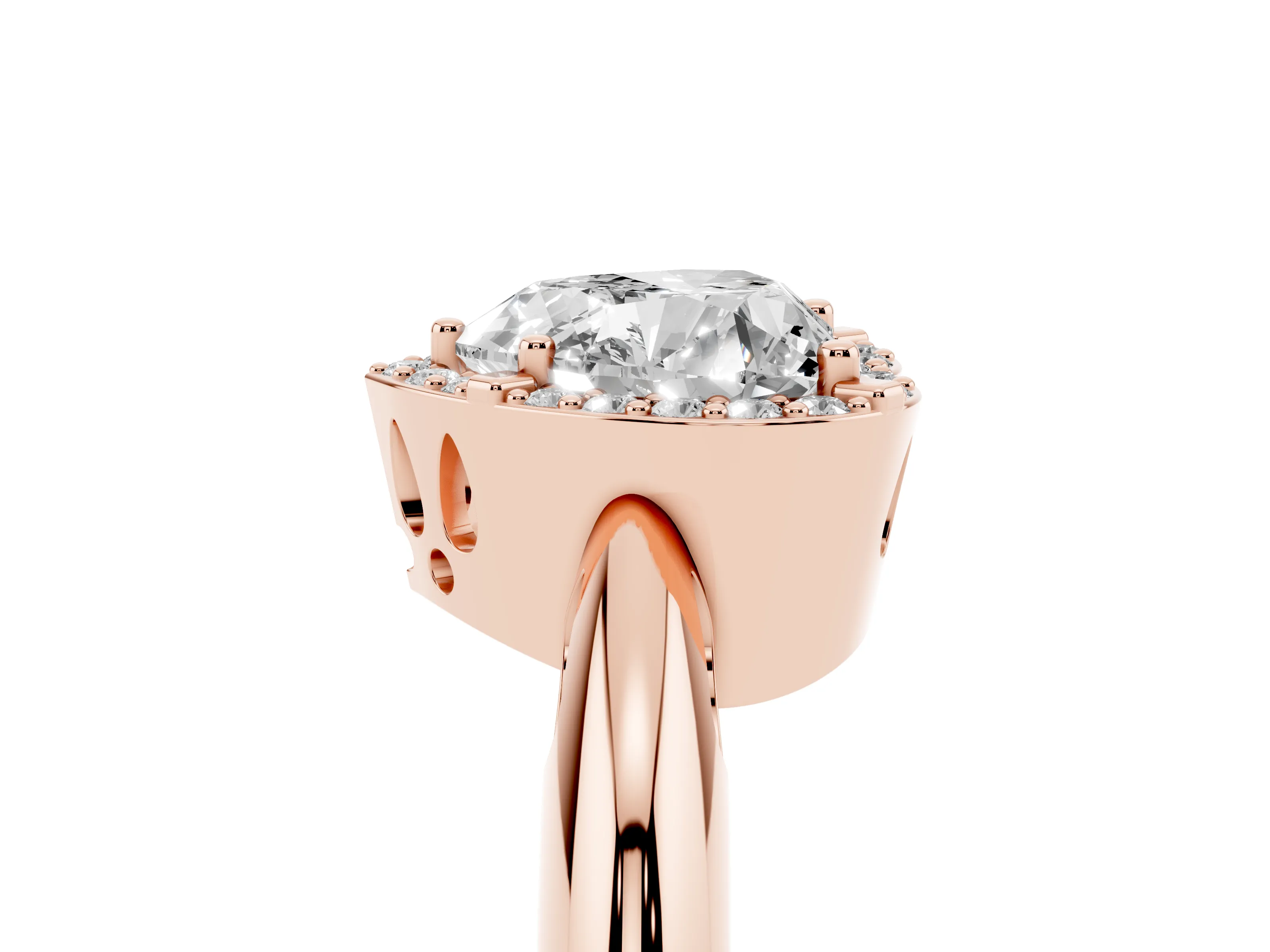 Heart Cut Diamond Halo Engagement Ring Set in Rose gold with Plain Split Shank and Prong Setting