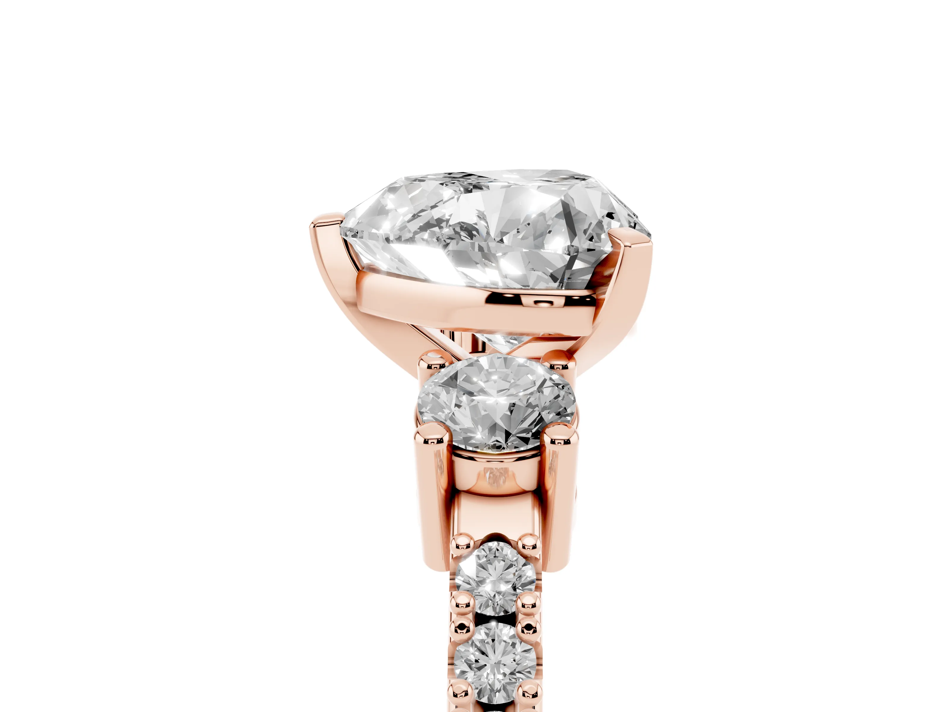 Three-Stone Heart Cut Diamond Pavé Band Ring Set in Rose gold with Prong Setting