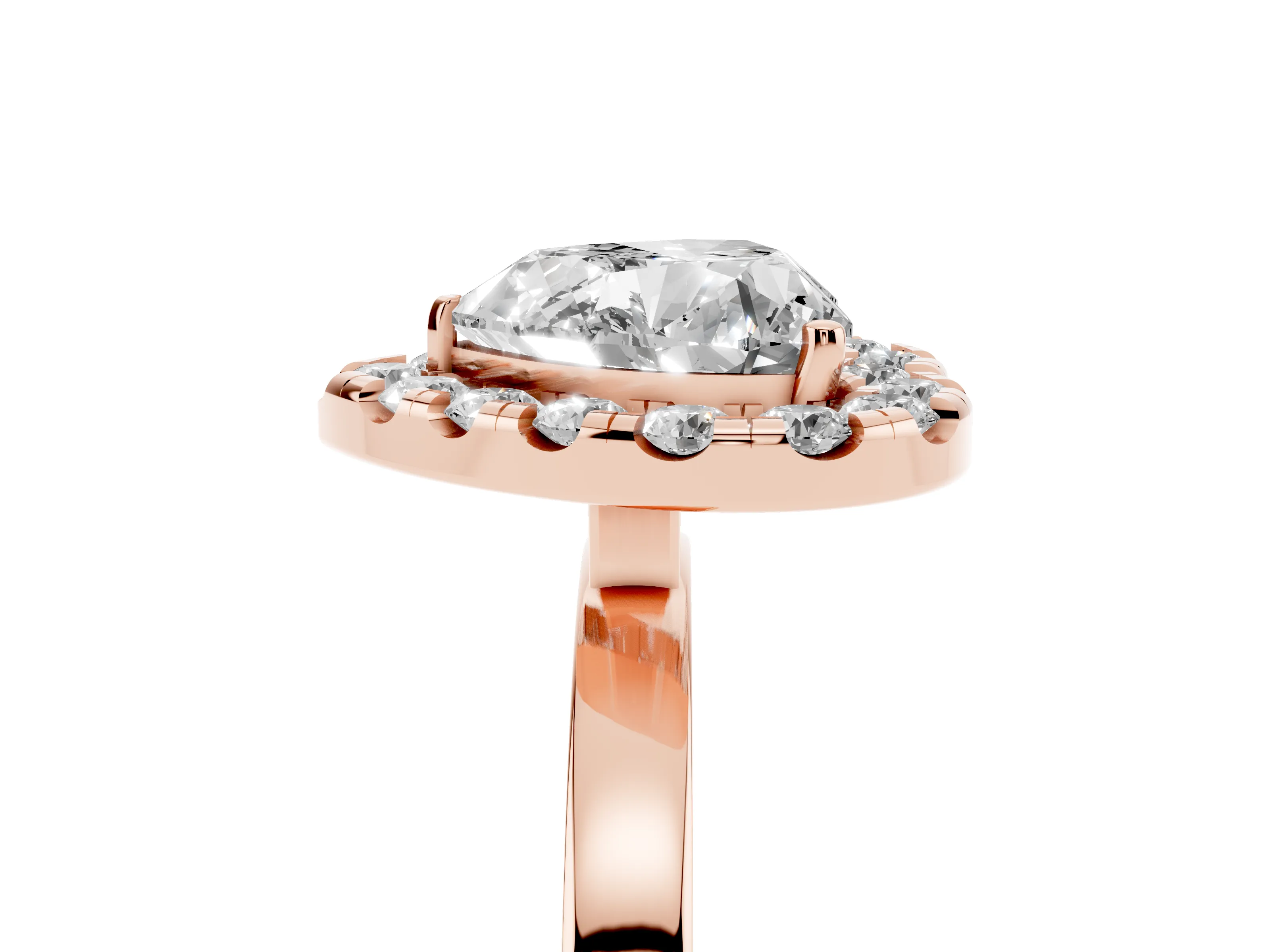 Heart Cut Diamond Halo Solitaire Ring Set in Rose gold with Pavé Band and Prong Setting