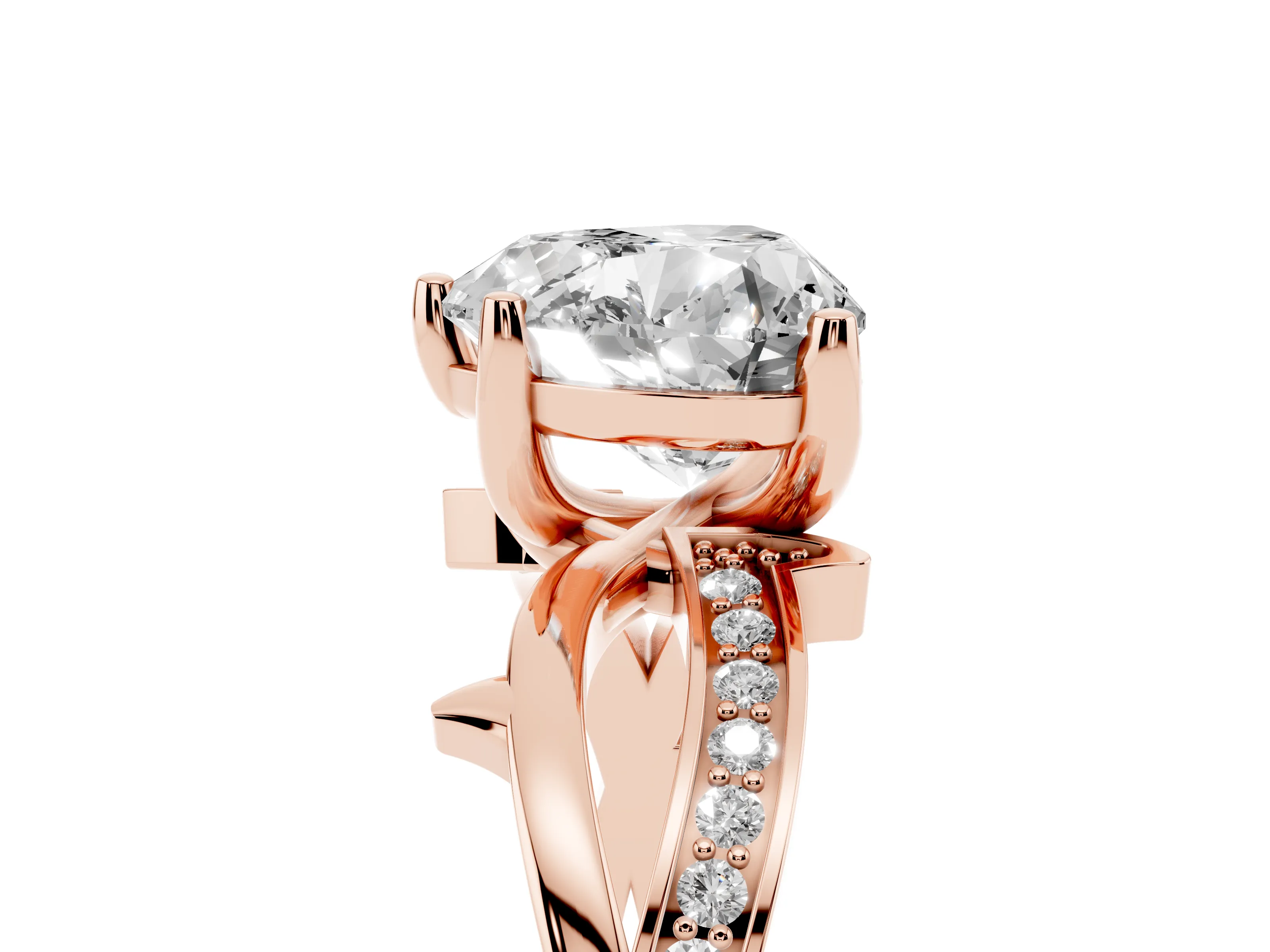 Heart Cut Diamond Pavé Twist Band Solitaire Ring Set in Rose gold with Prong Setting
