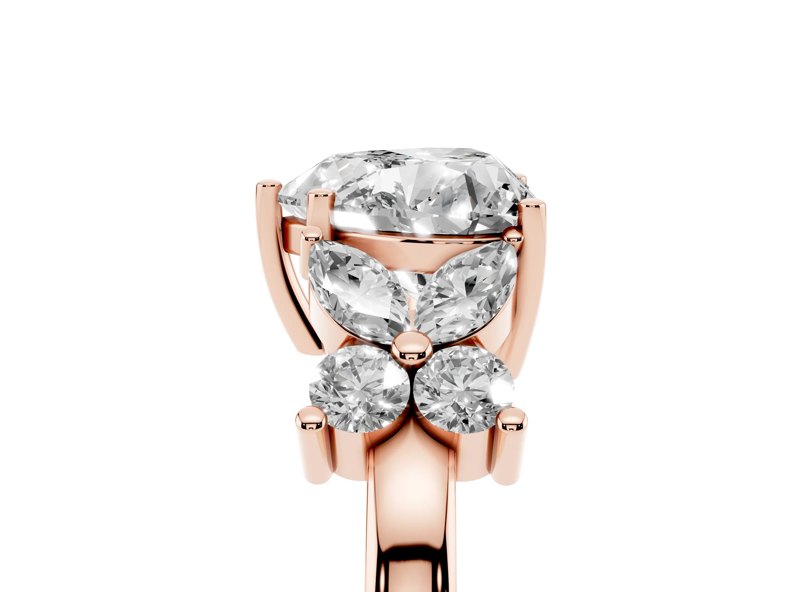 Heart Cut Diamond Floral Cluster Ring Set in Rose gold with Marquise Petals and Prong Setting