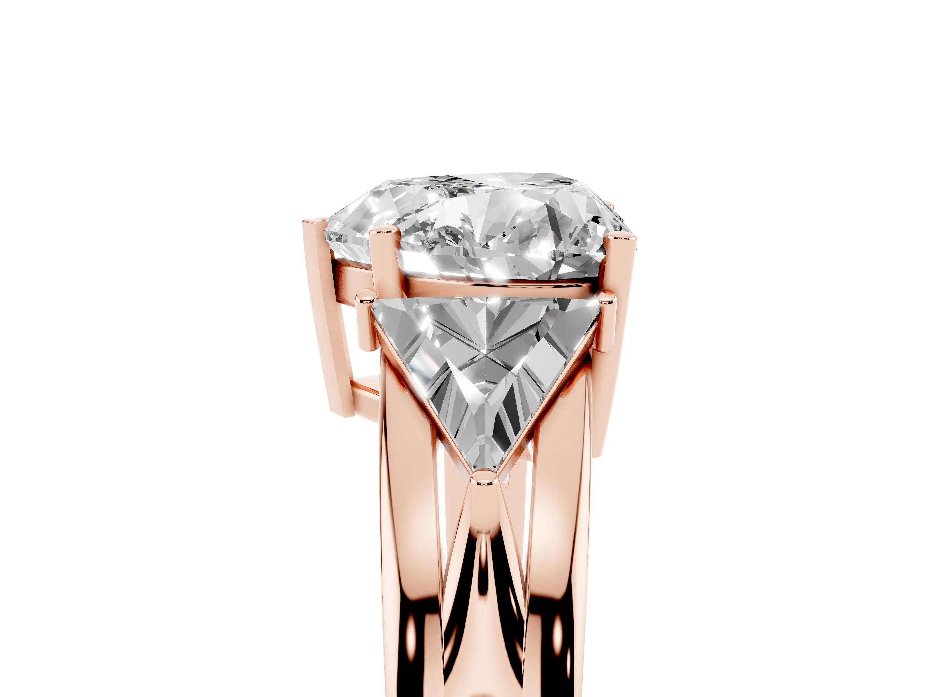 Heart Cut Diamond Three-Stone Ring Set in Rose gold with Trillion Side Stones and Split Shank
