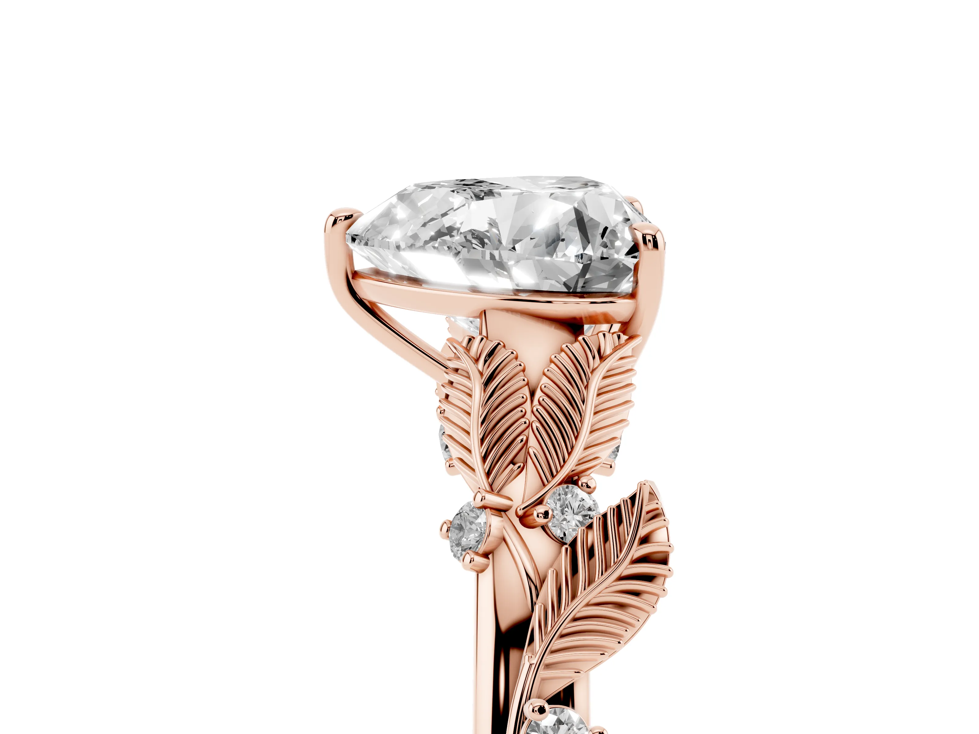 Heart Cut Diamond Solitaire Ring Set in Rose gold with Leaf Motif Band