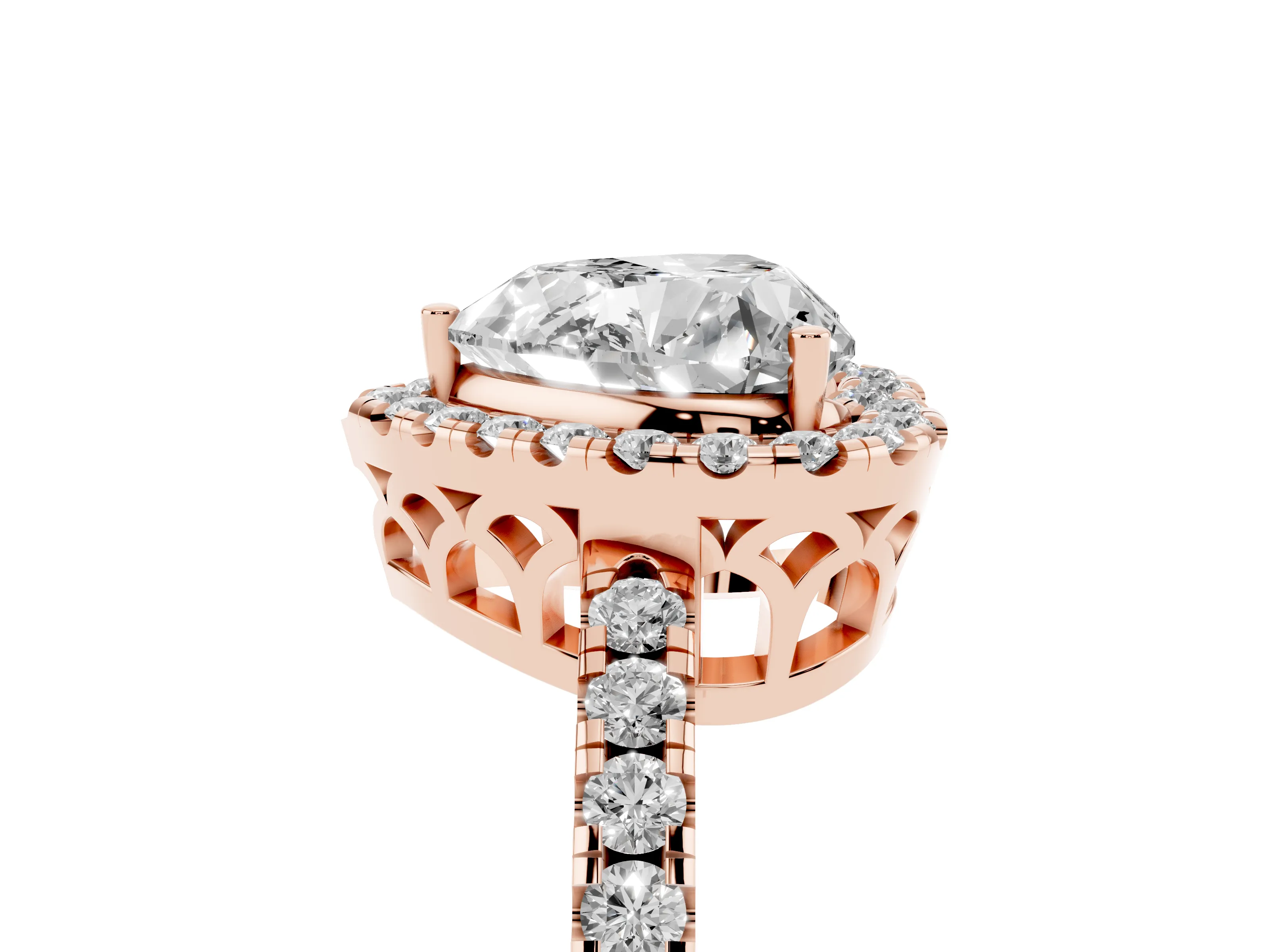 Heart Cut Diamond Pavé Band Halo Engagement Ring Set in Rose gold with Prong Setting