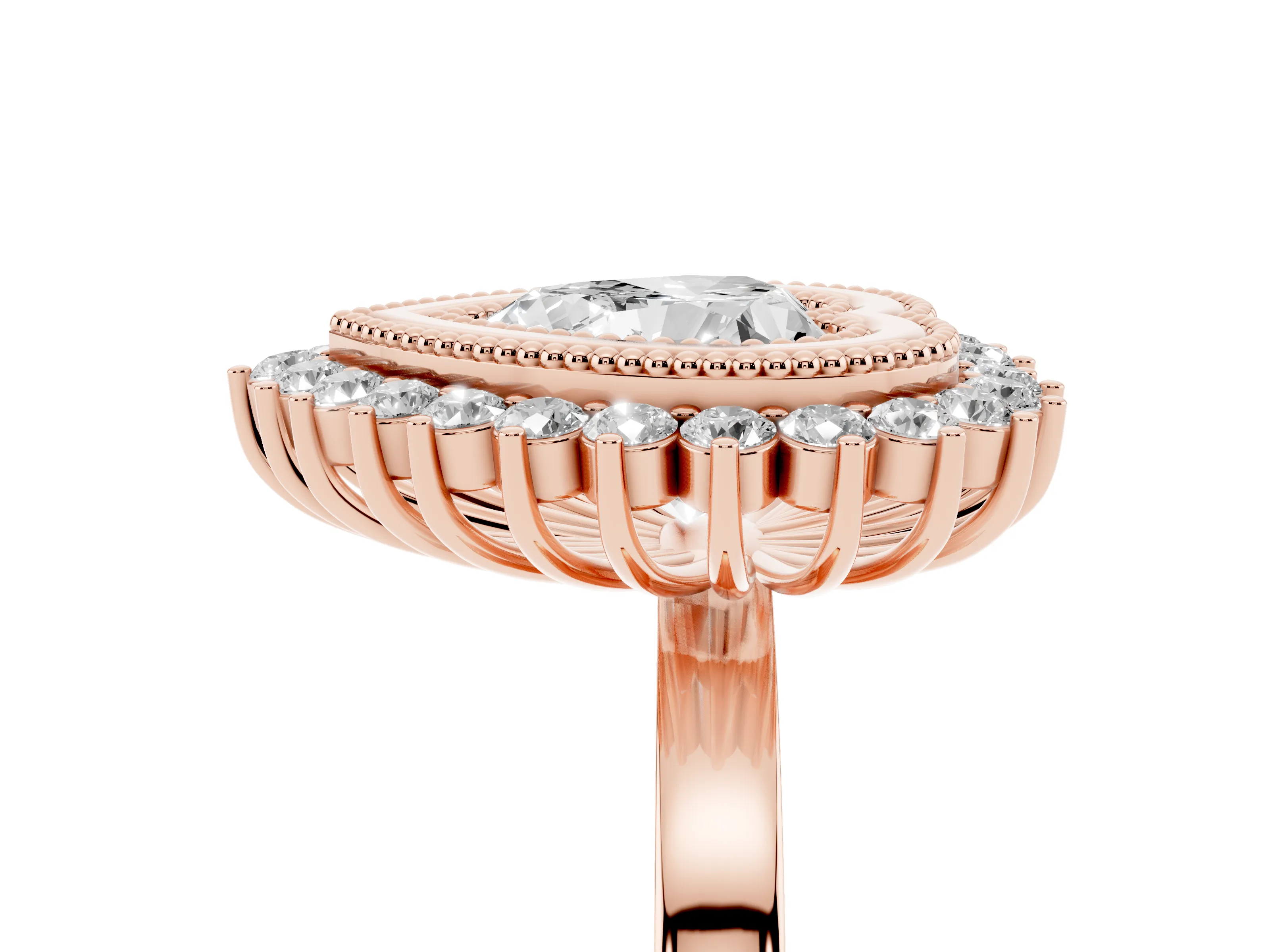 Heart Cut Diamond Halo Ring Set in Rose gold with Milgrain Edge and Round Prong Setting