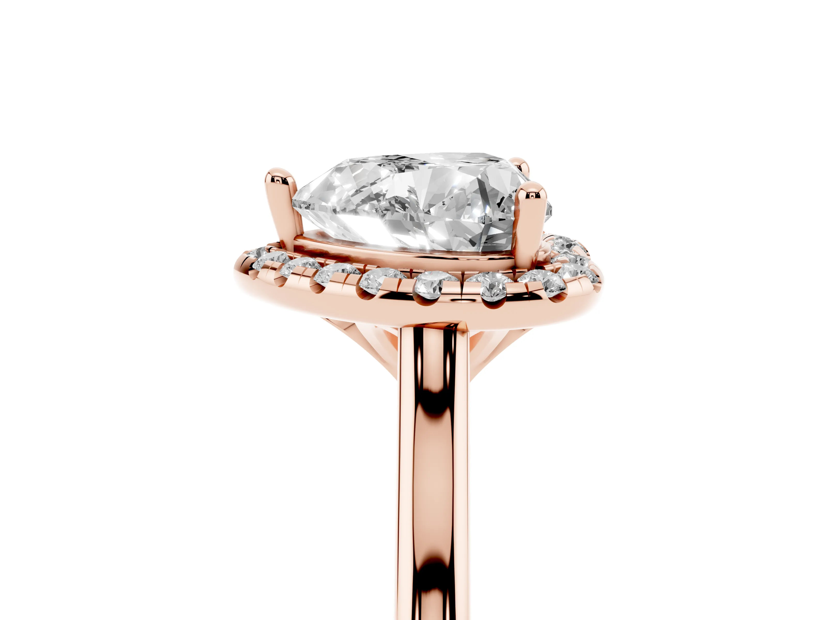 Heart Cut Diamond Halo Engagement Ring Set in Rose gold with Pavé Band and Rising Shoulders