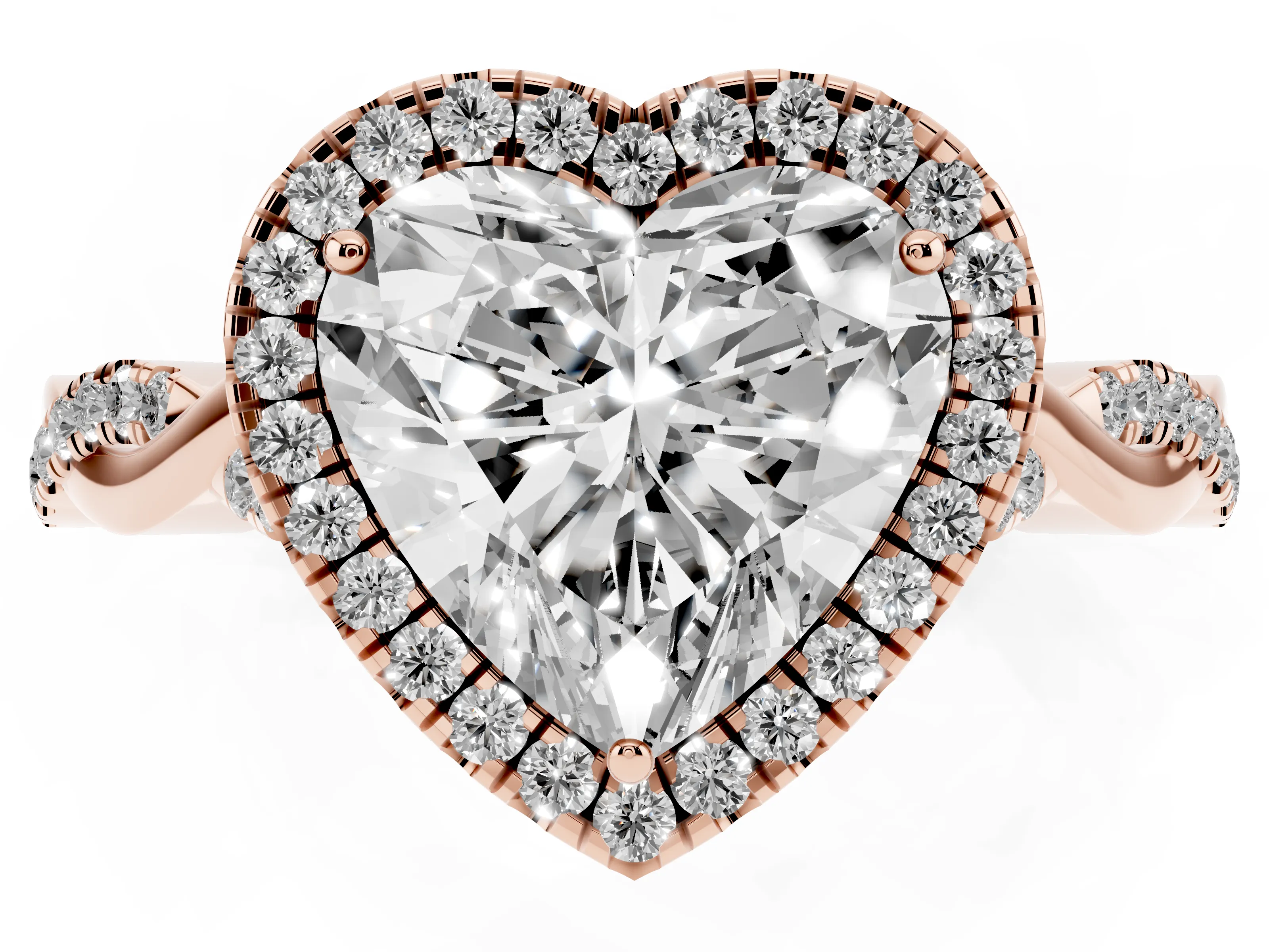 Heart Cut Diamond Halo Twist Band Solitaire Ring Set in Rose gold with Prong Setting