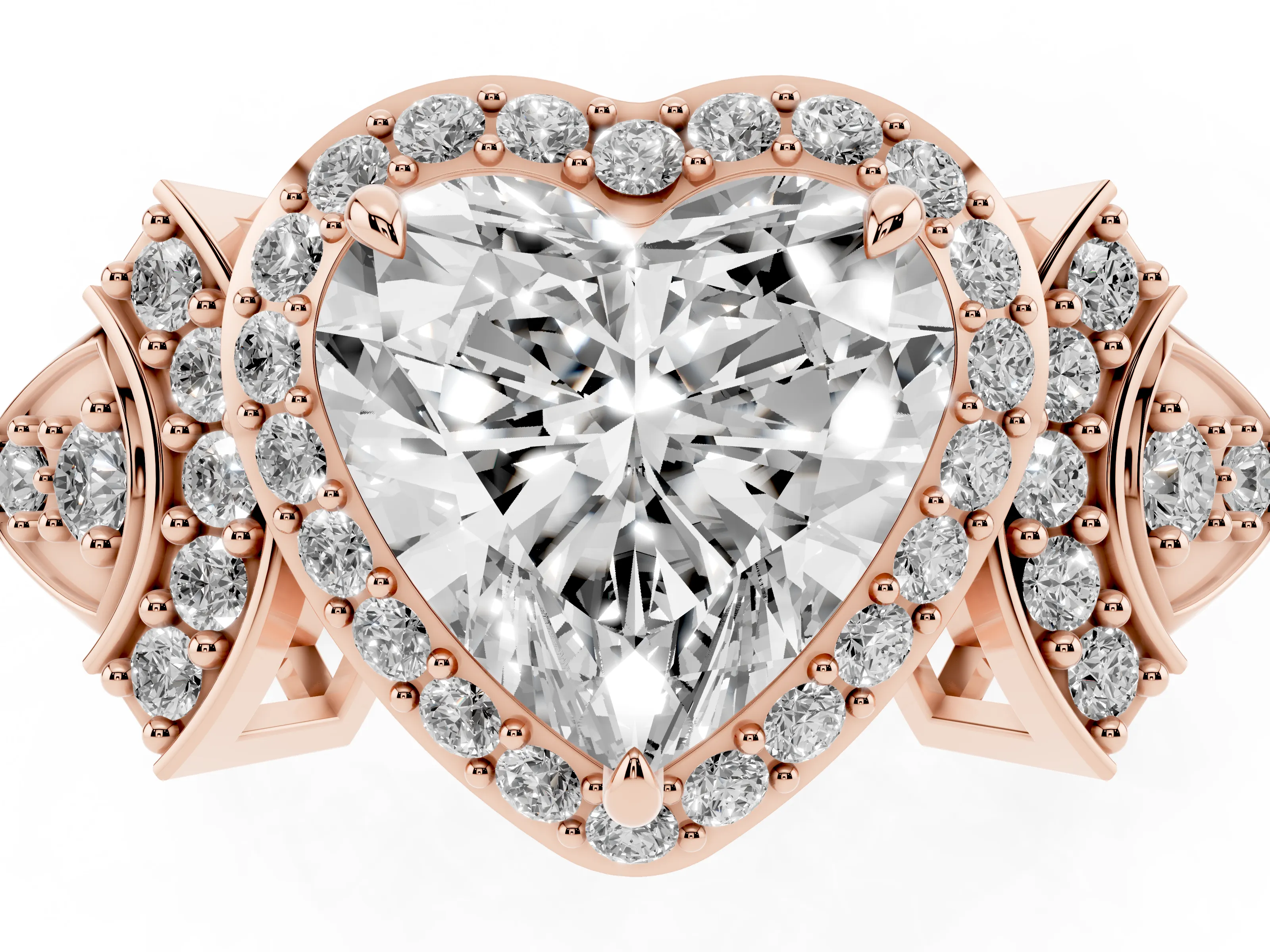 Heart Cut Diamond Halo Engagement Ring Set in Rose gold with Accent Stone Split Shank