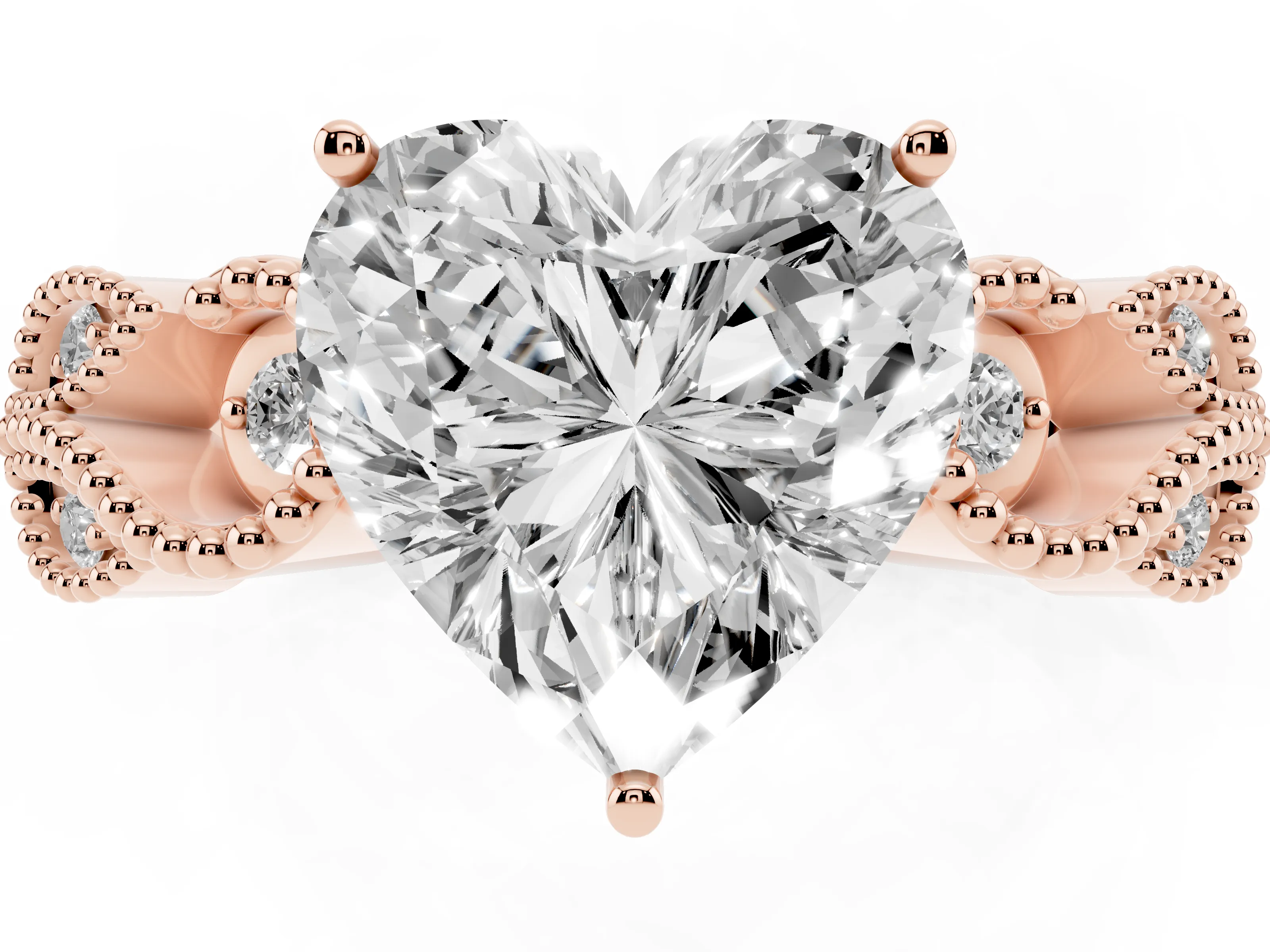 Heart Cut Diamond Milgrain Leaf Band Solitaire Ring Set in Rose gold with Accent Stones and Prong Setting
