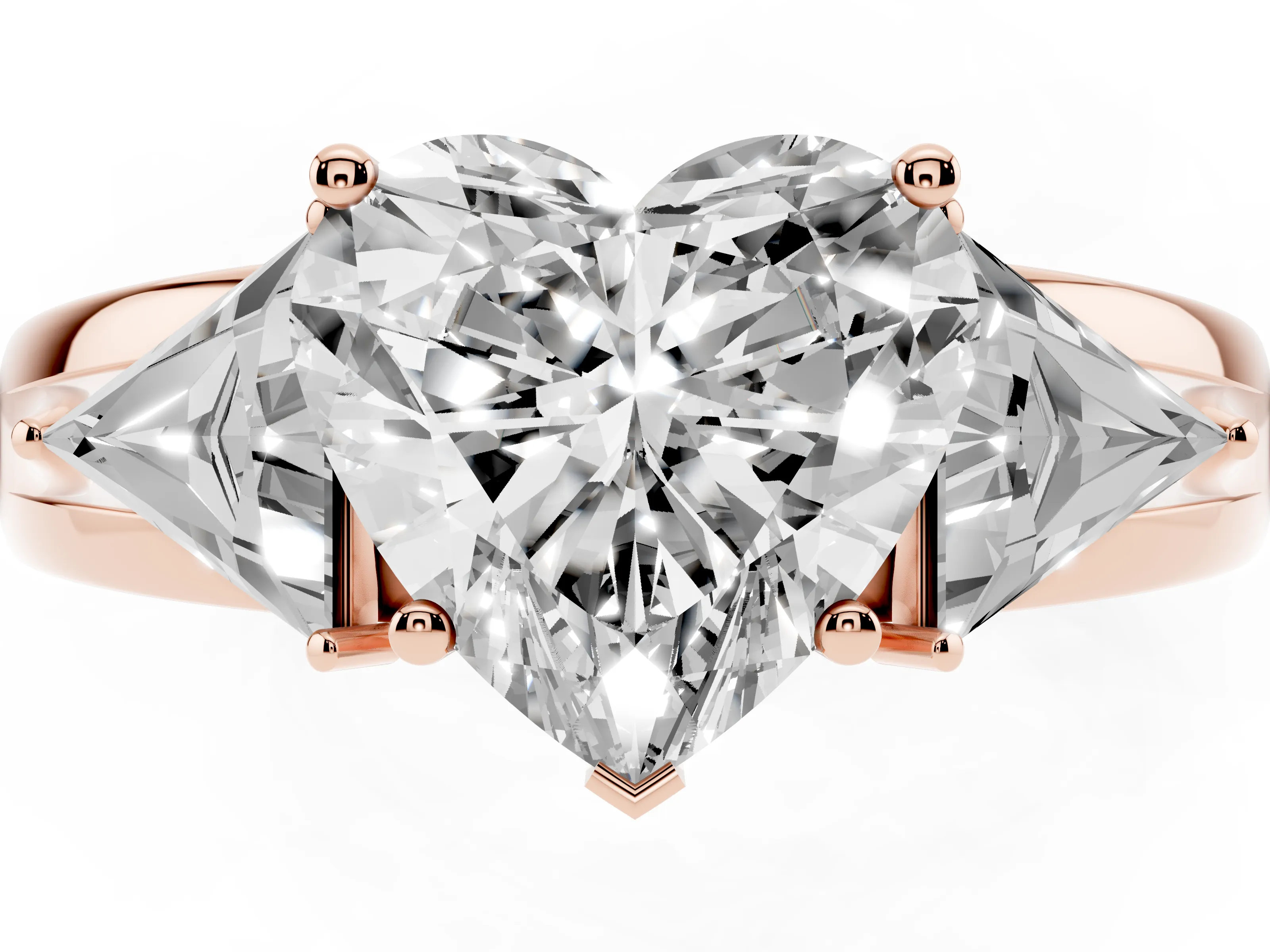 Heart Cut Diamond Three-Stone Ring Set in Rose gold with Trillion Side Stones and Split Shank