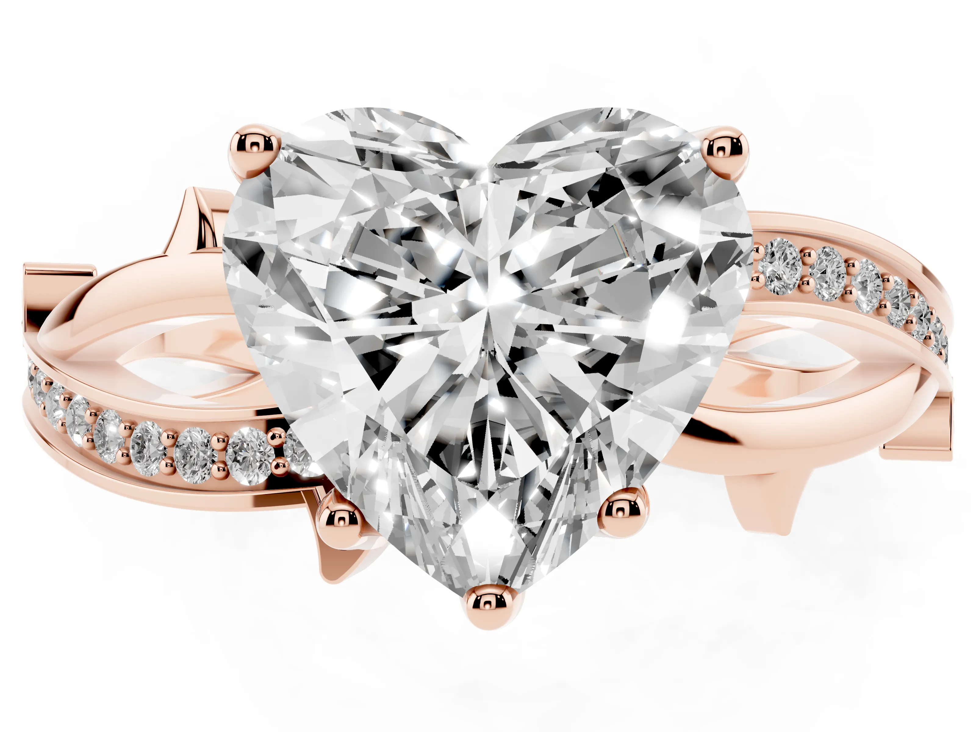 Heart Cut Diamond Pavé Twist Band Solitaire Ring Set in Rose gold with Prong Setting