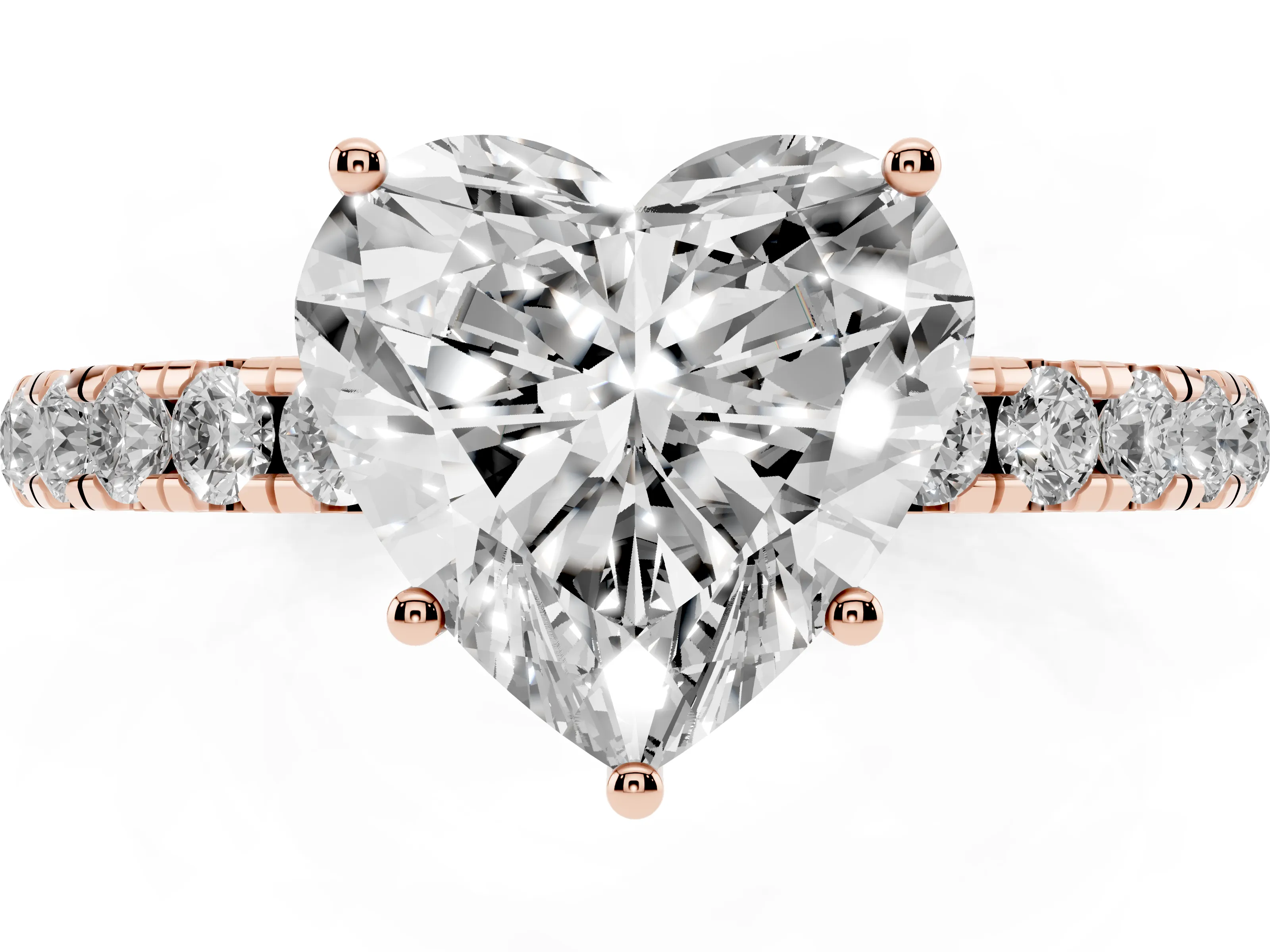 Heart Cut Diamond Pavé Solitaire Engagement Ring Set in Rose gold with Prong Setting