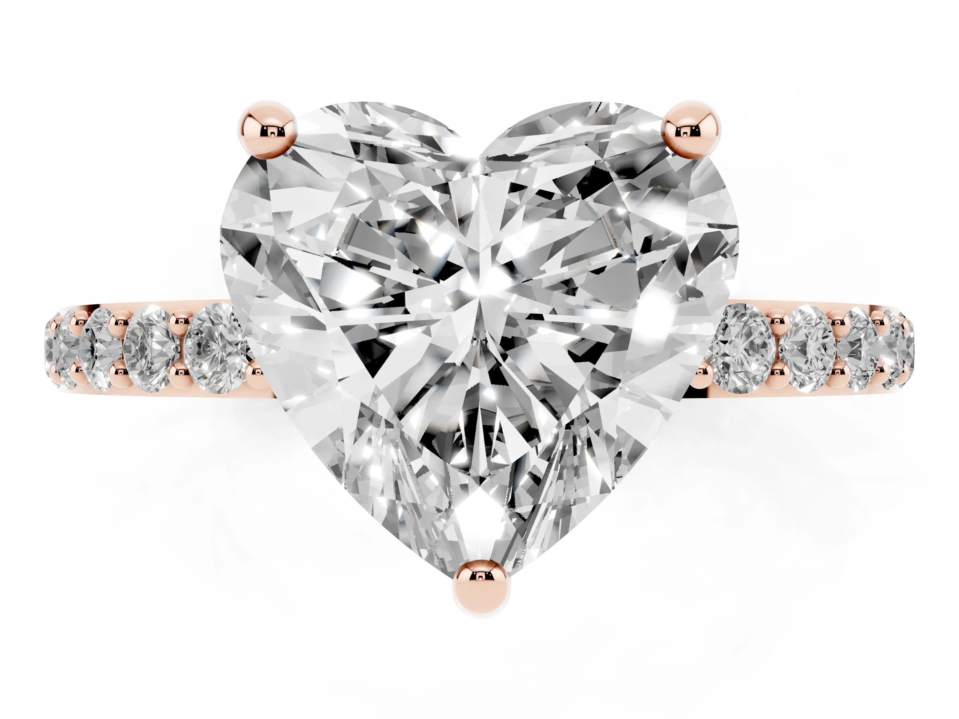 Heart Cut Diamond Solitaire Ring Set in Rose gold with Round Pavé Band and Prong Setting