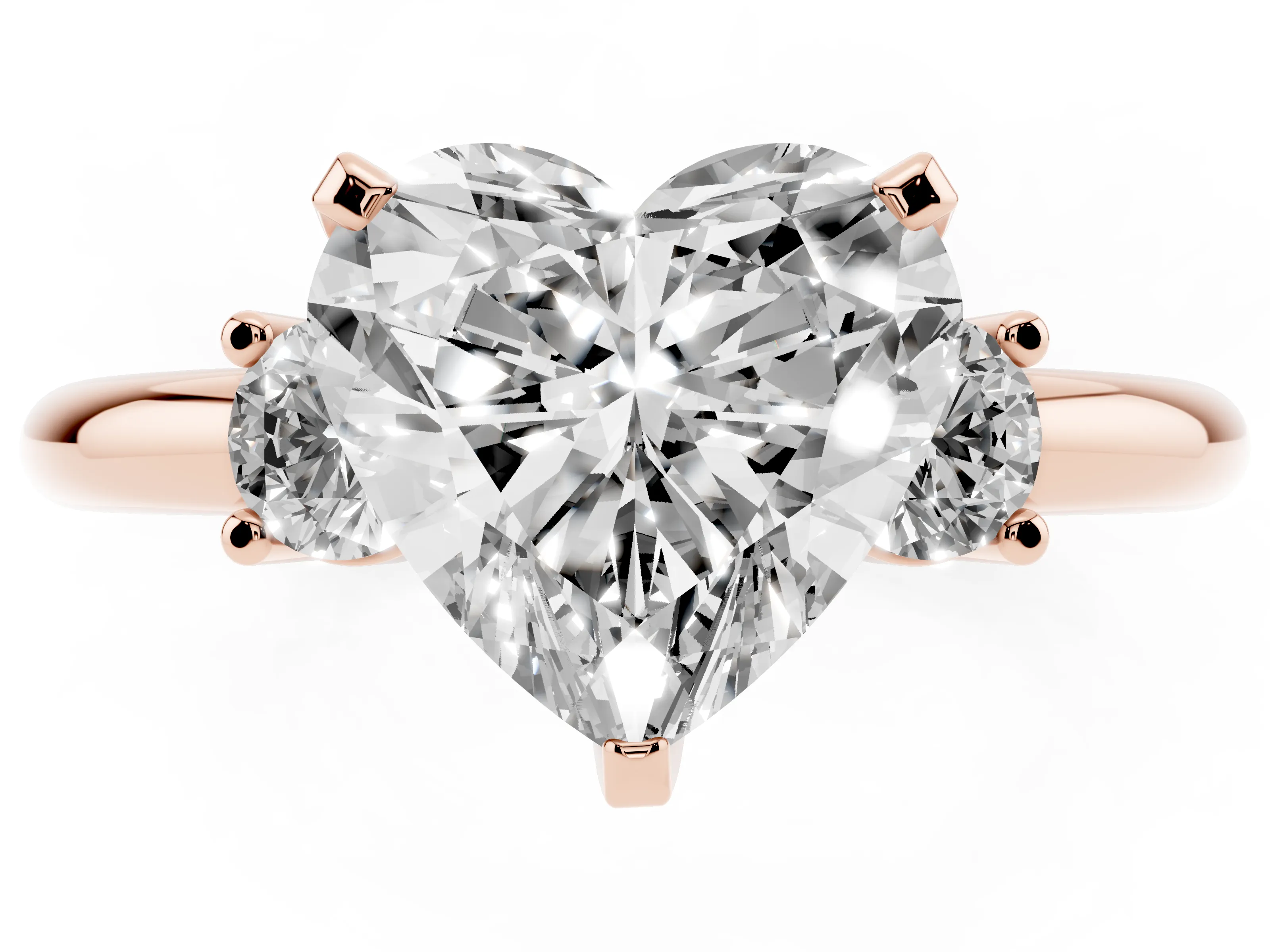 Three-Stone Heart Cut Diamond Ring Set in Rose gold with Prong Setting and Plain Band