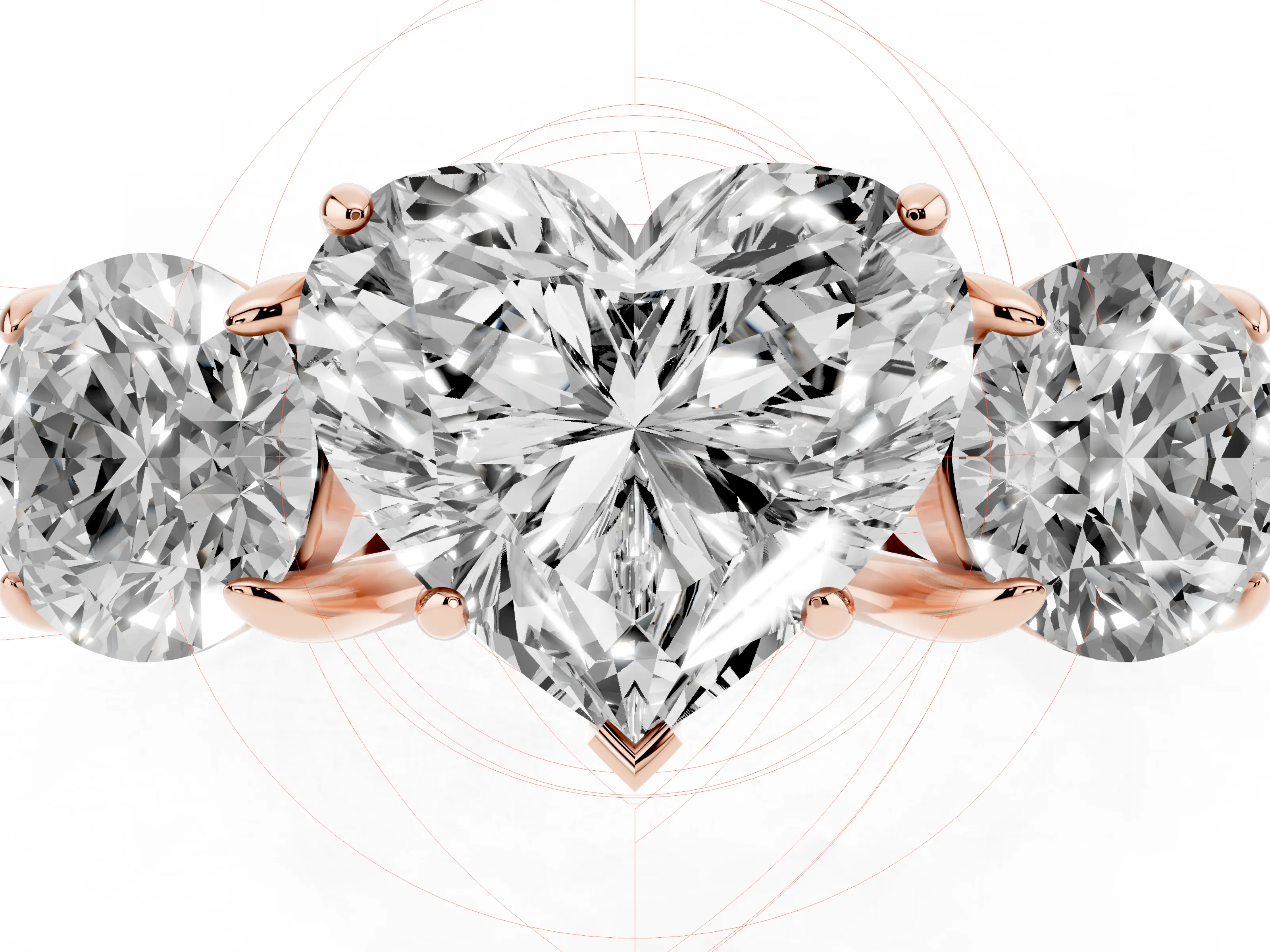 Heart Cut Diamond Three-Stone Ring Set in Rose gold with Round Accent Stones and Plain Band