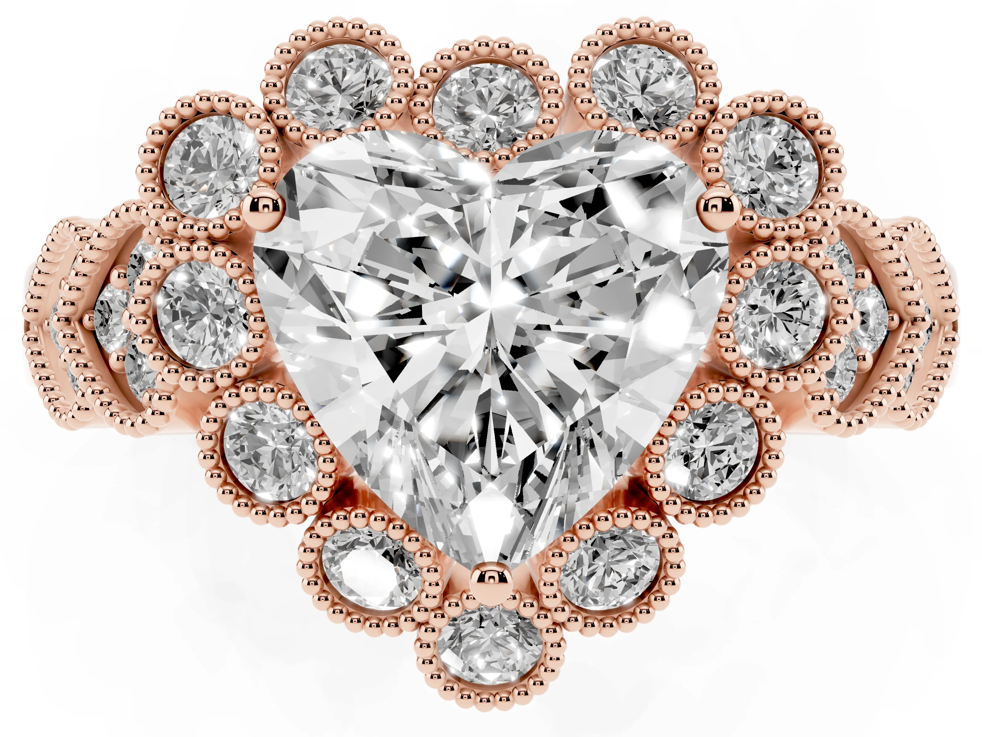 Heart Cut Diamond Solitaire Ring Set in Rose gold with Milgrain Pavé Heart Band
