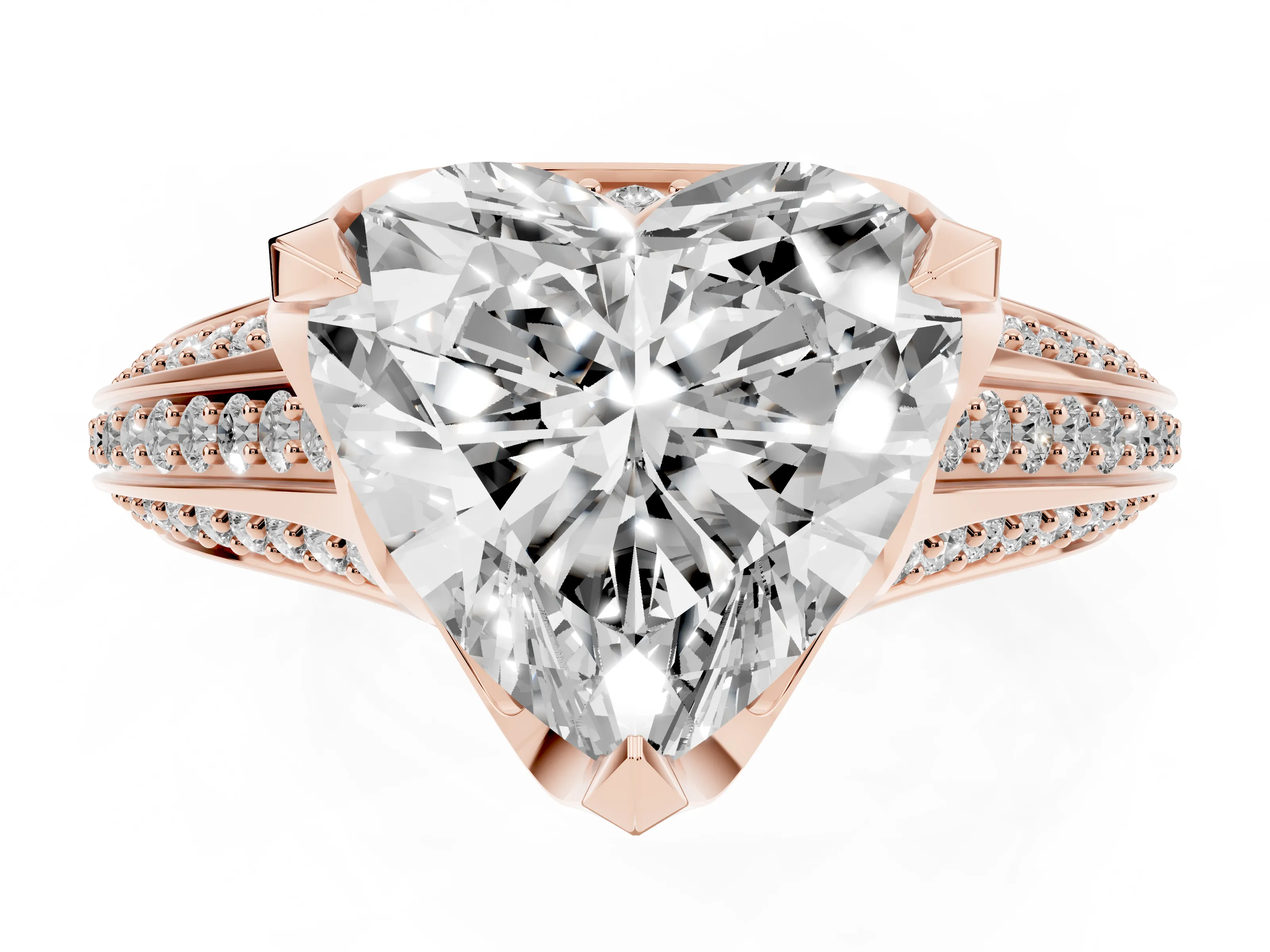 Heart Cut Diamond Pavé Split Shank Solitaire Ring Set in Rose gold with Prong Setting