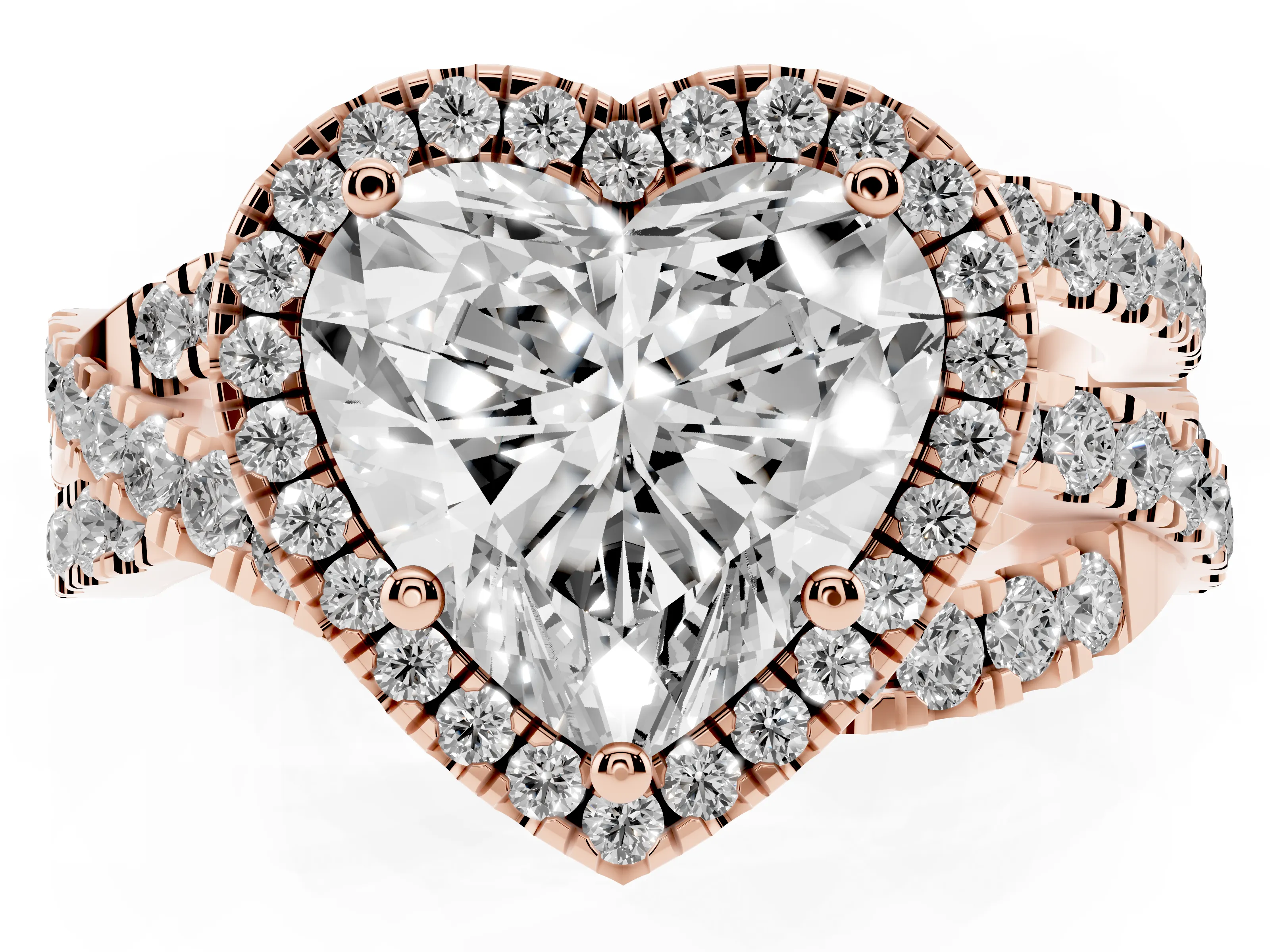 Heart Cut Diamond Halo Ring Set in Rose gold with Round Crossover Split Shank and Prong Setting