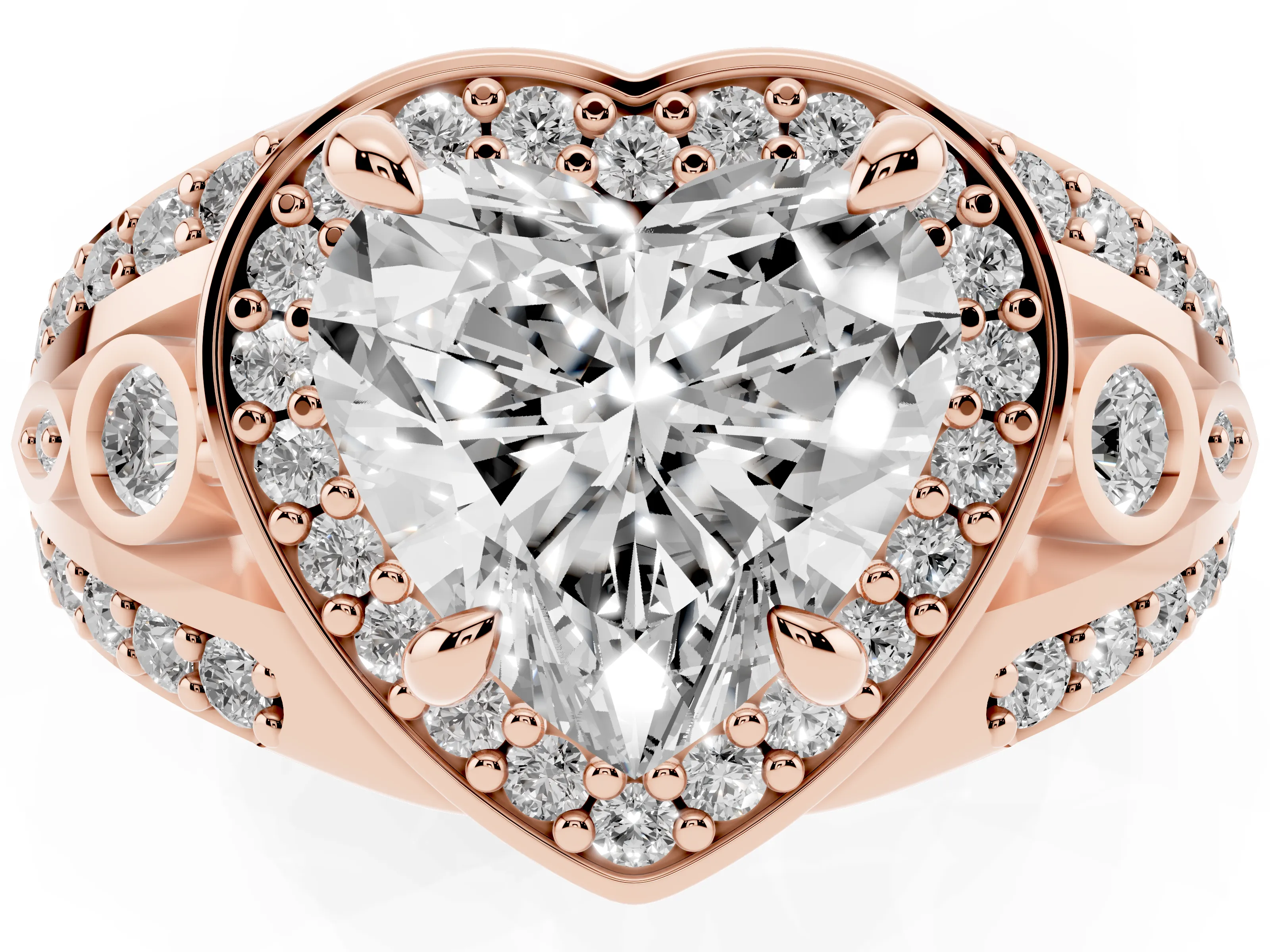 Heart Cut Diamond Halo Ring Set in Rose gold with Pavé Split Shank and Bezel Accents