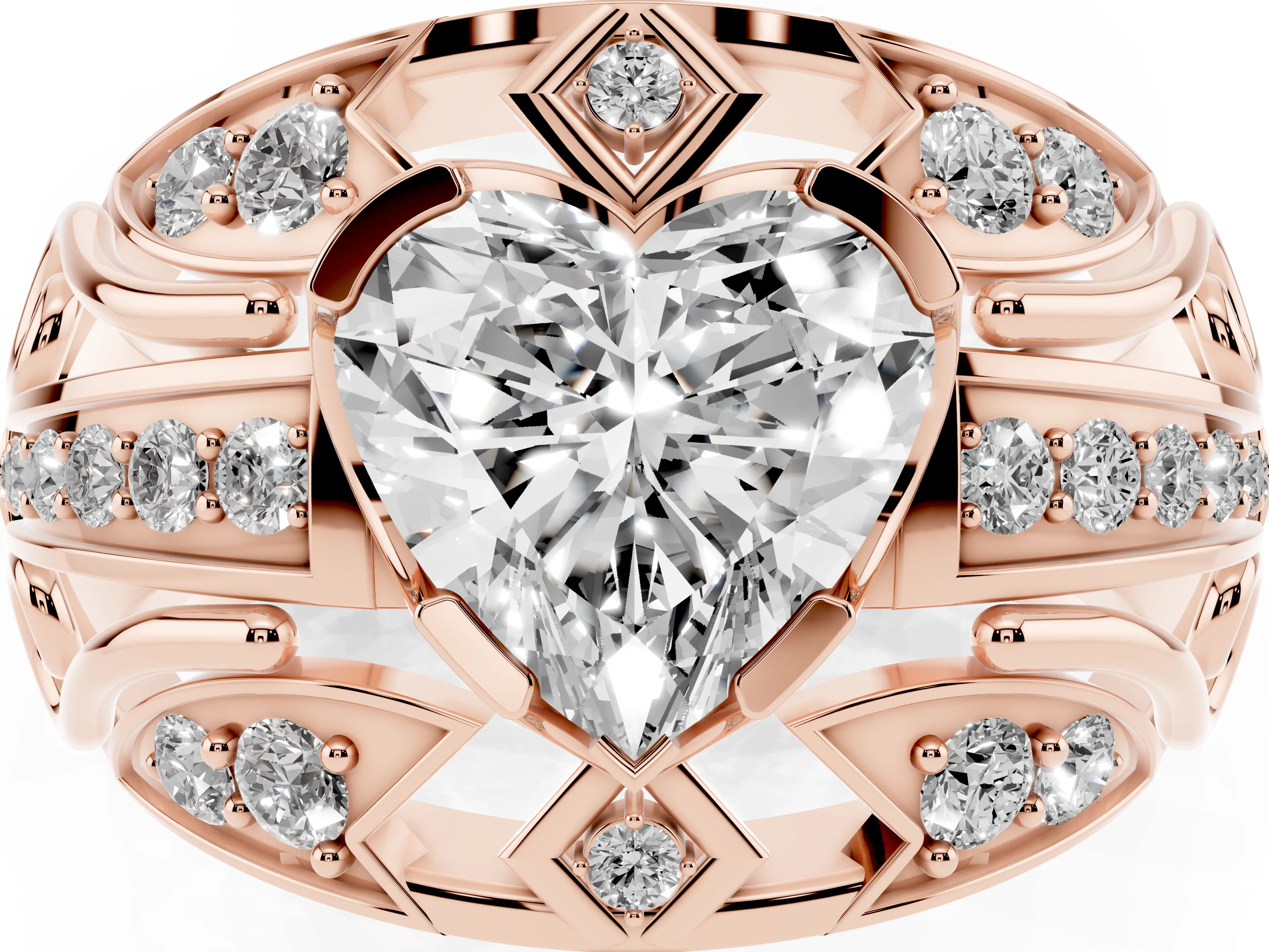 Heart Cut Diamond Art Deco Ring Set in Rose gold with Pavé Split Shank