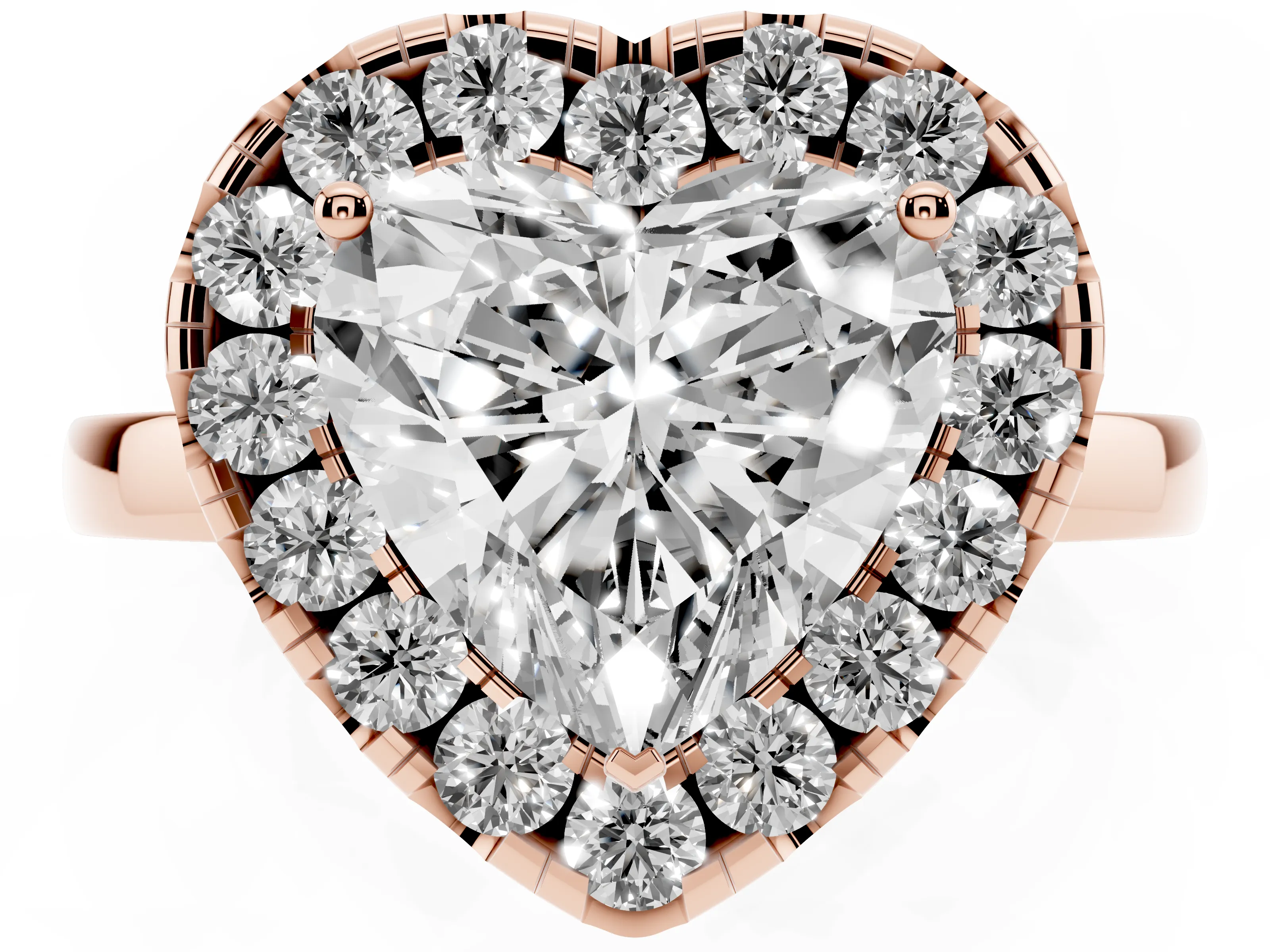 Heart Cut Diamond Halo Solitaire Ring Set in Rose gold with Pavé Band and Prong Setting