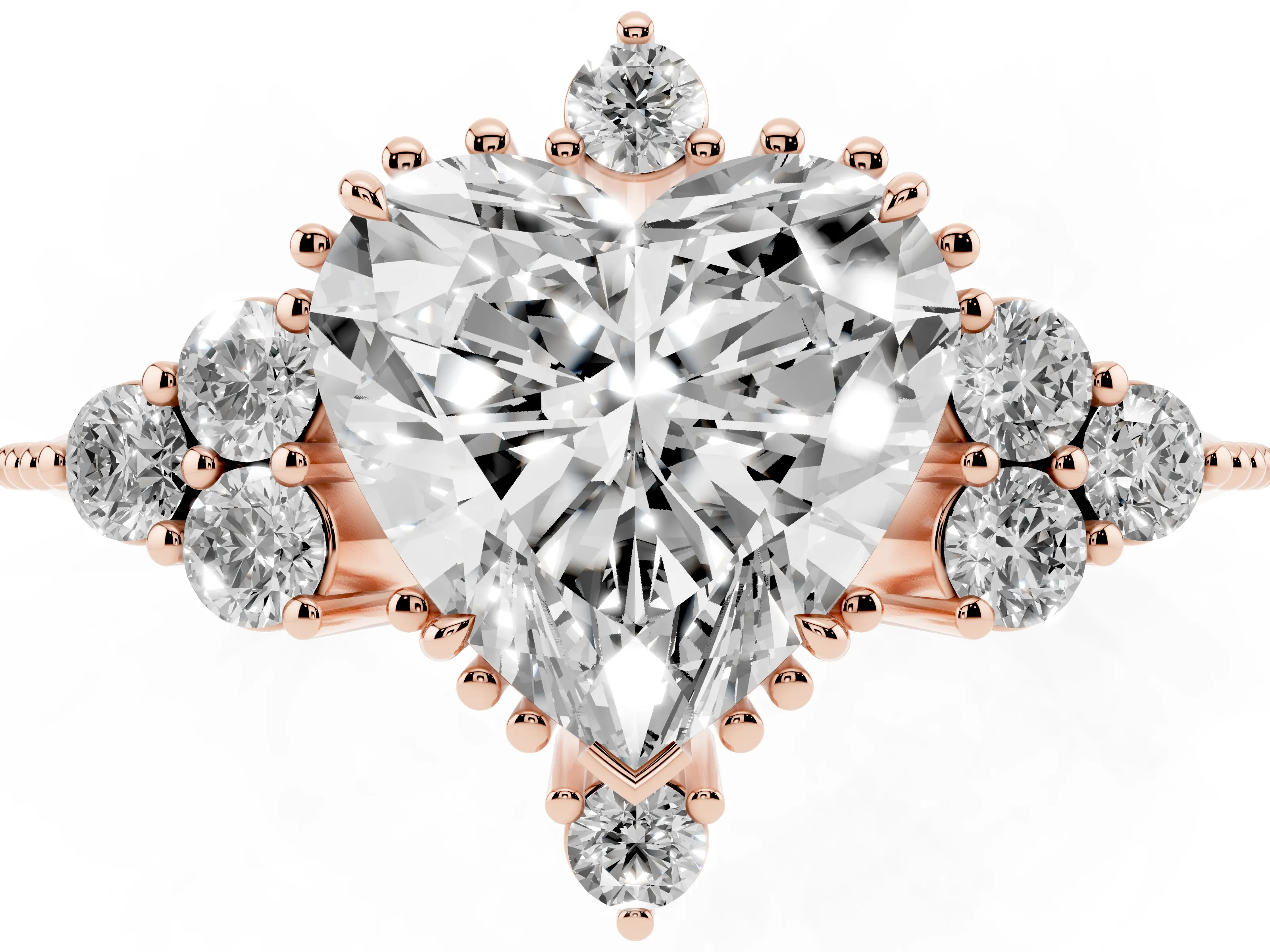 Heart Cut Diamond Cluster Ring Set in Rose gold with Beaded Band