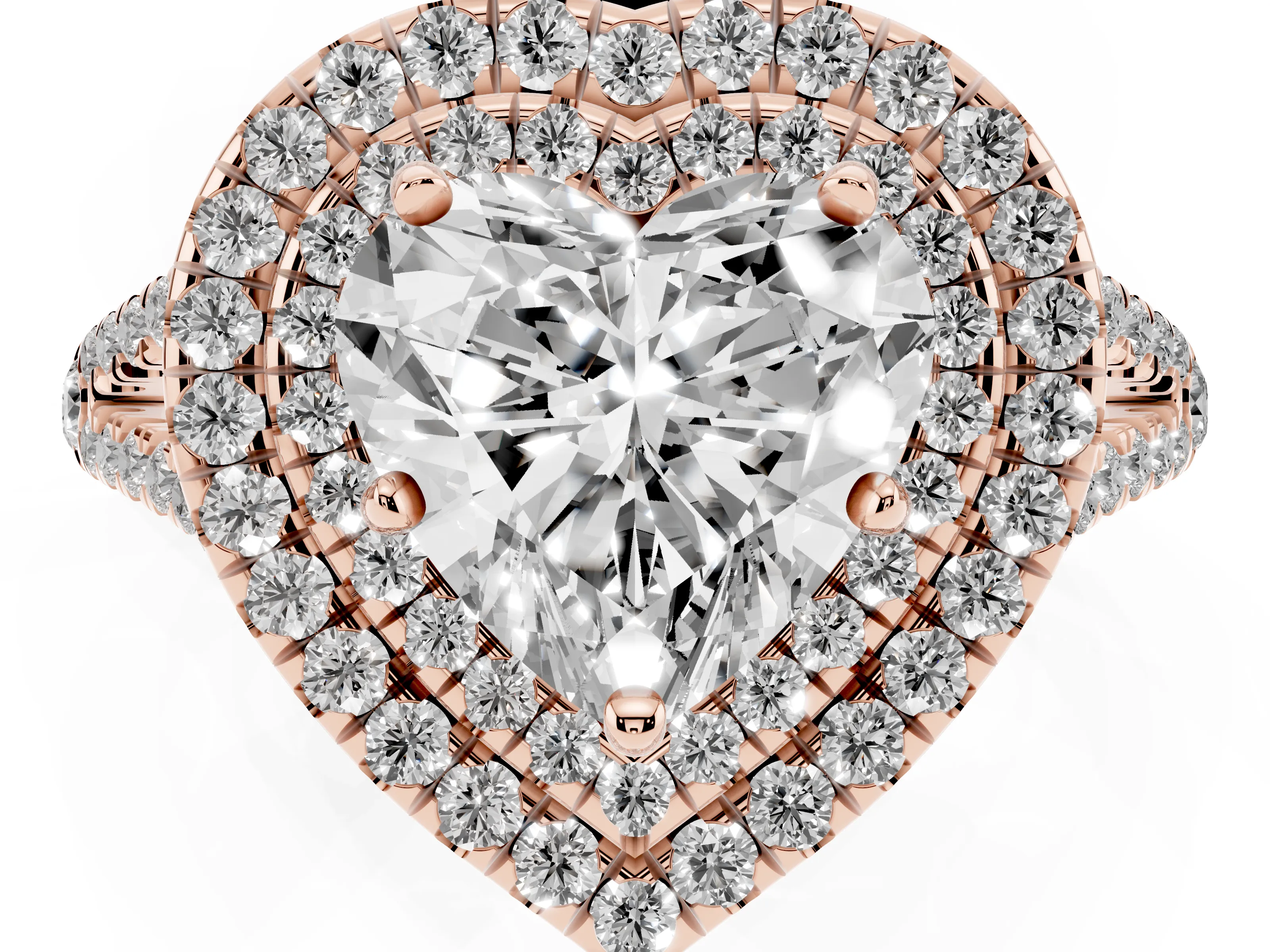 Heart Cut Diamond Double Halo Ring Set in Rose gold with Pavé Band