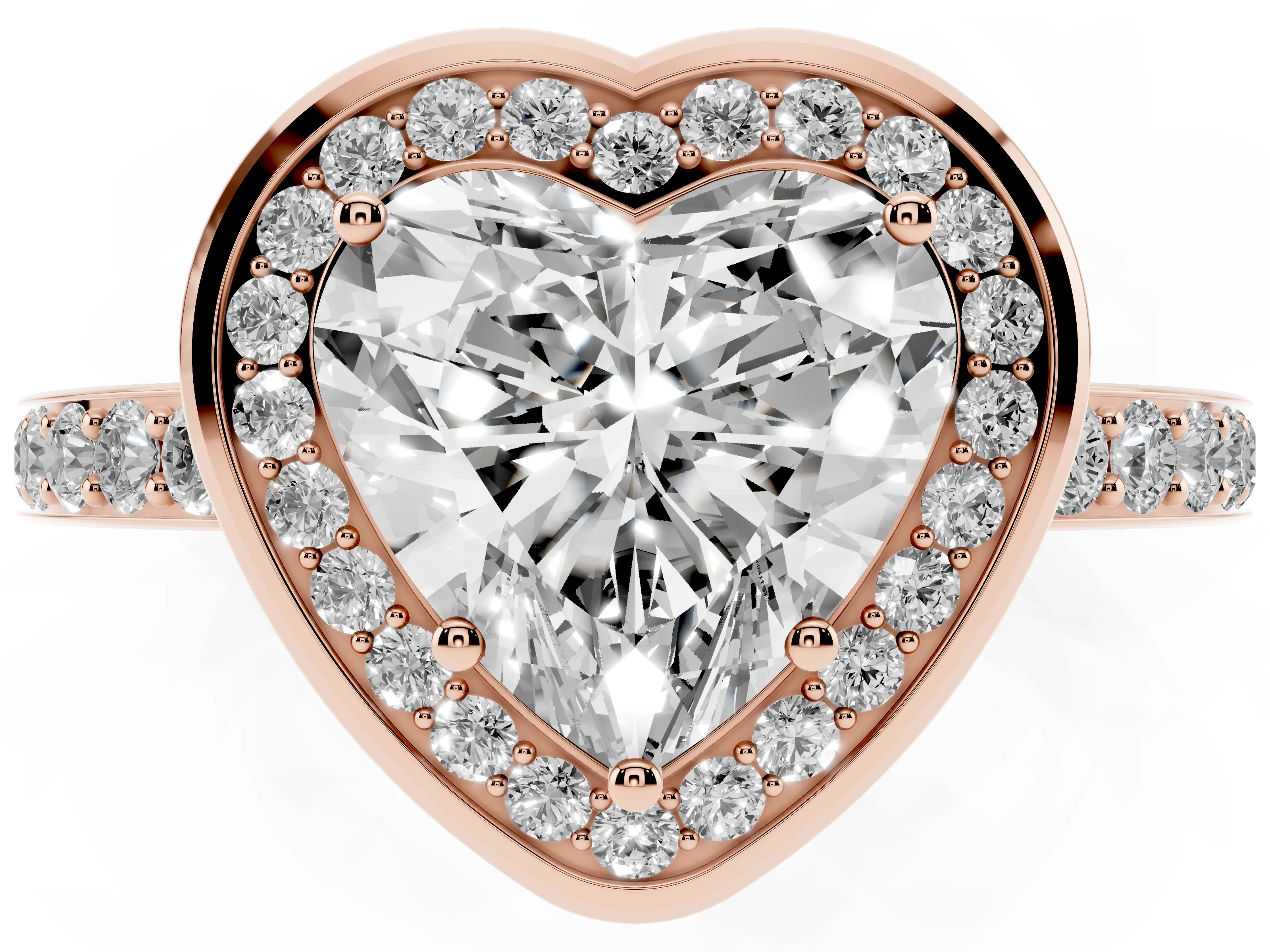 Heart Cut Diamond Halo Ring Set in Rose gold with Bezel Frame and Pavé Band