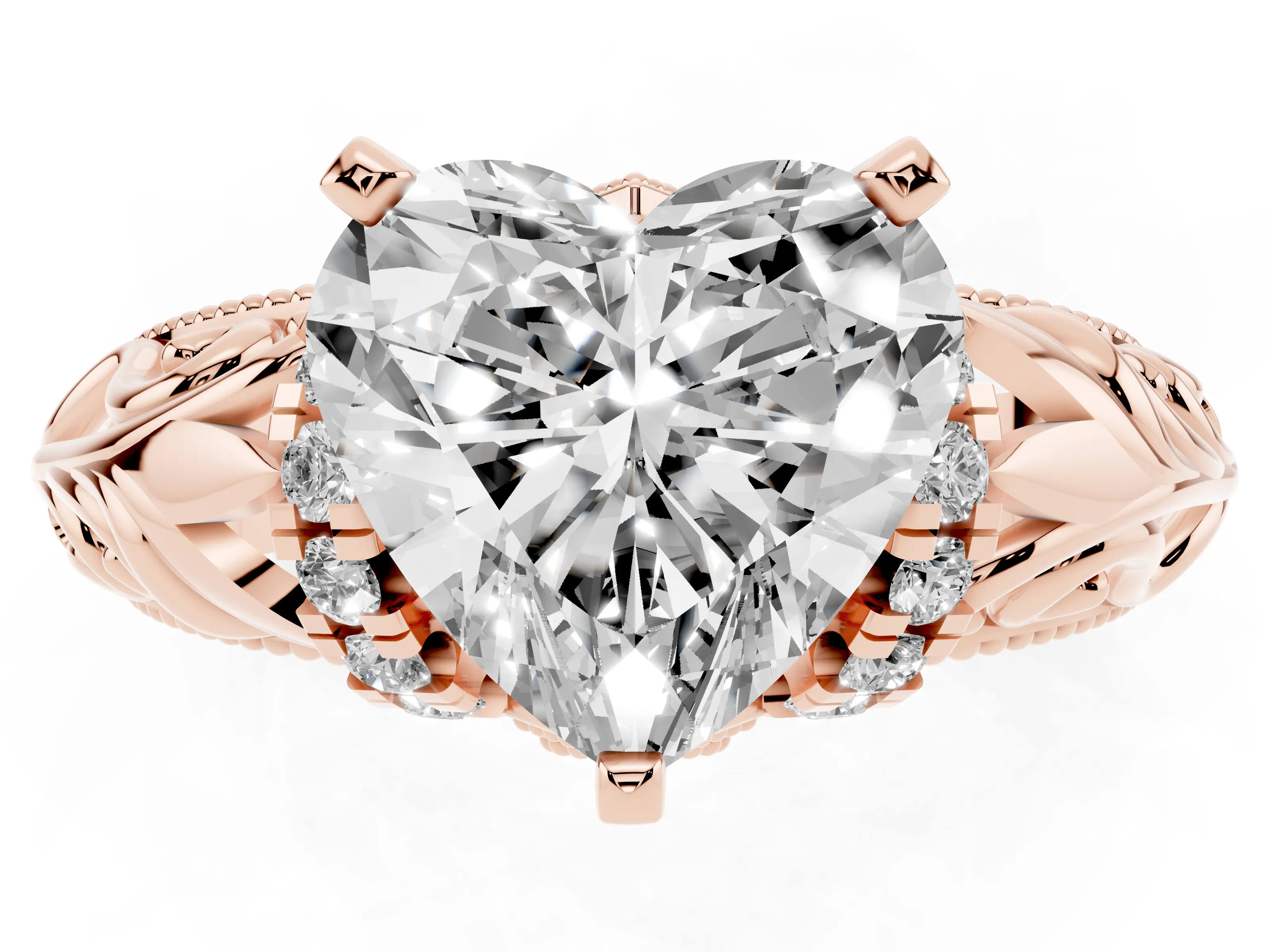Heart Cut Diamond Filigree Halo Engagement Ring Set in Rose gold with Prong Setting