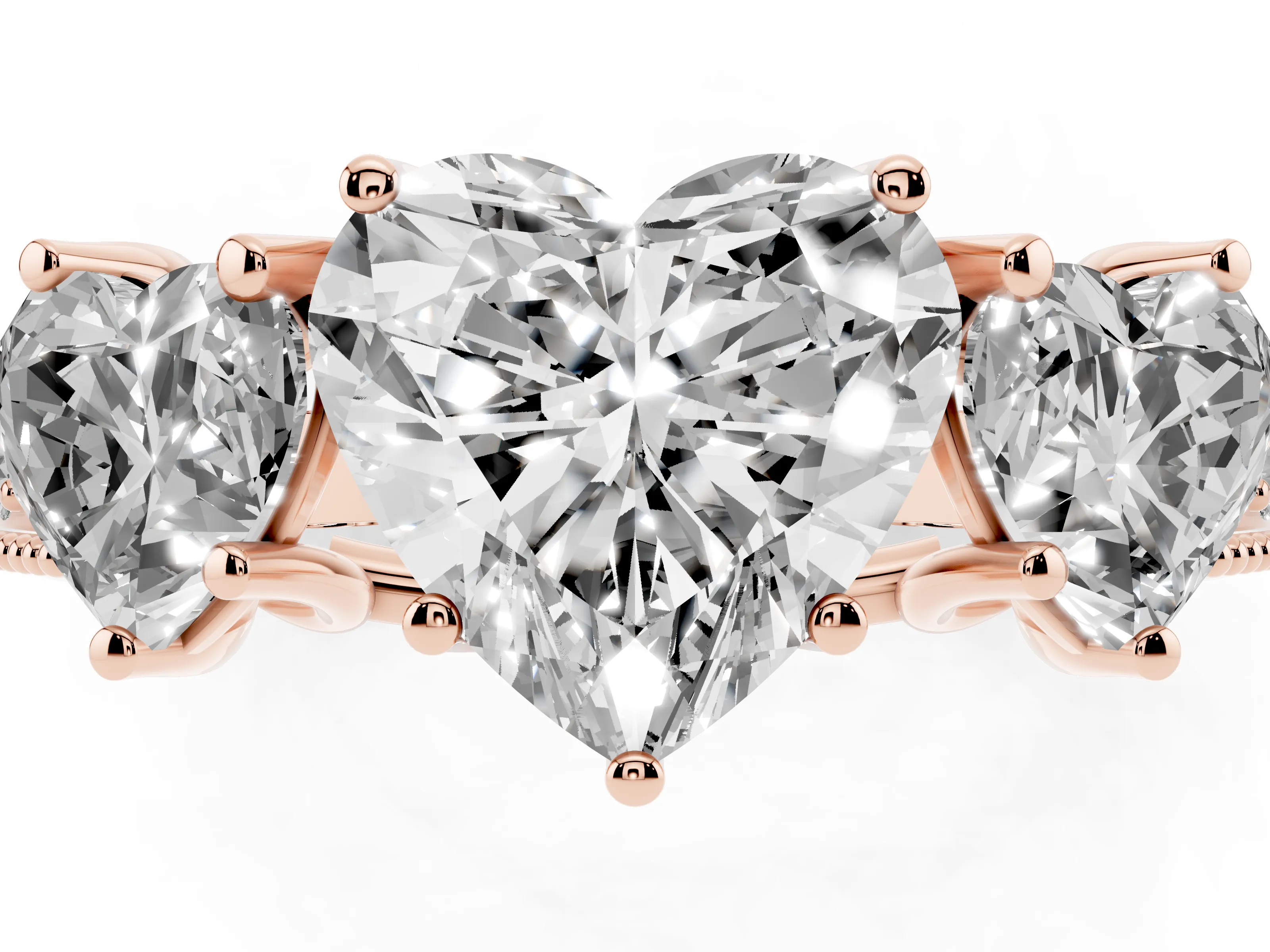 Heart Cut Diamond Three-Stone Engagement Ring Set in Rose gold with Milgrain Pavé Band