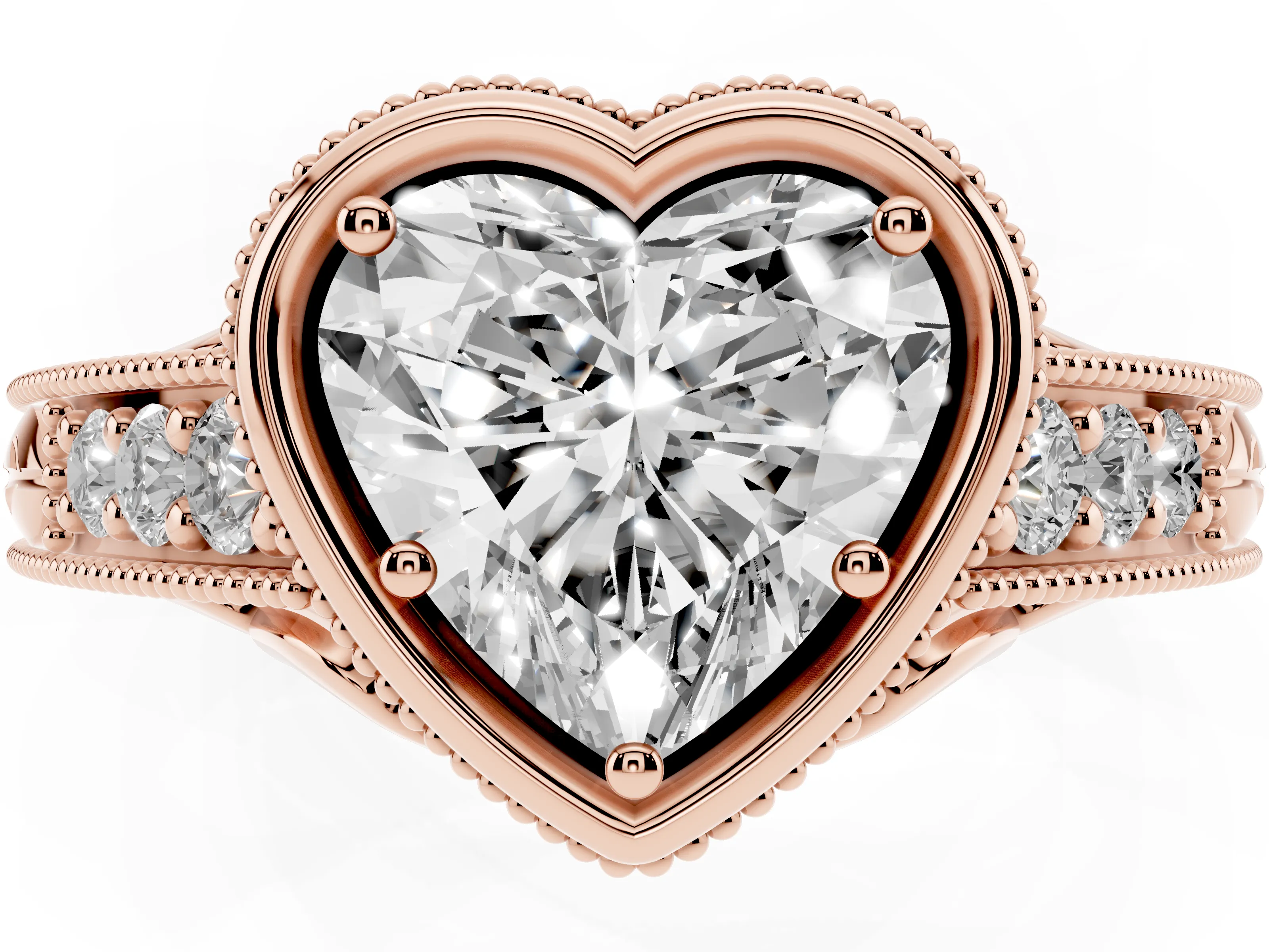 Bezel Set Heart Cut Diamond Milgrain Pavé Engagement Ring Set in Rose gold