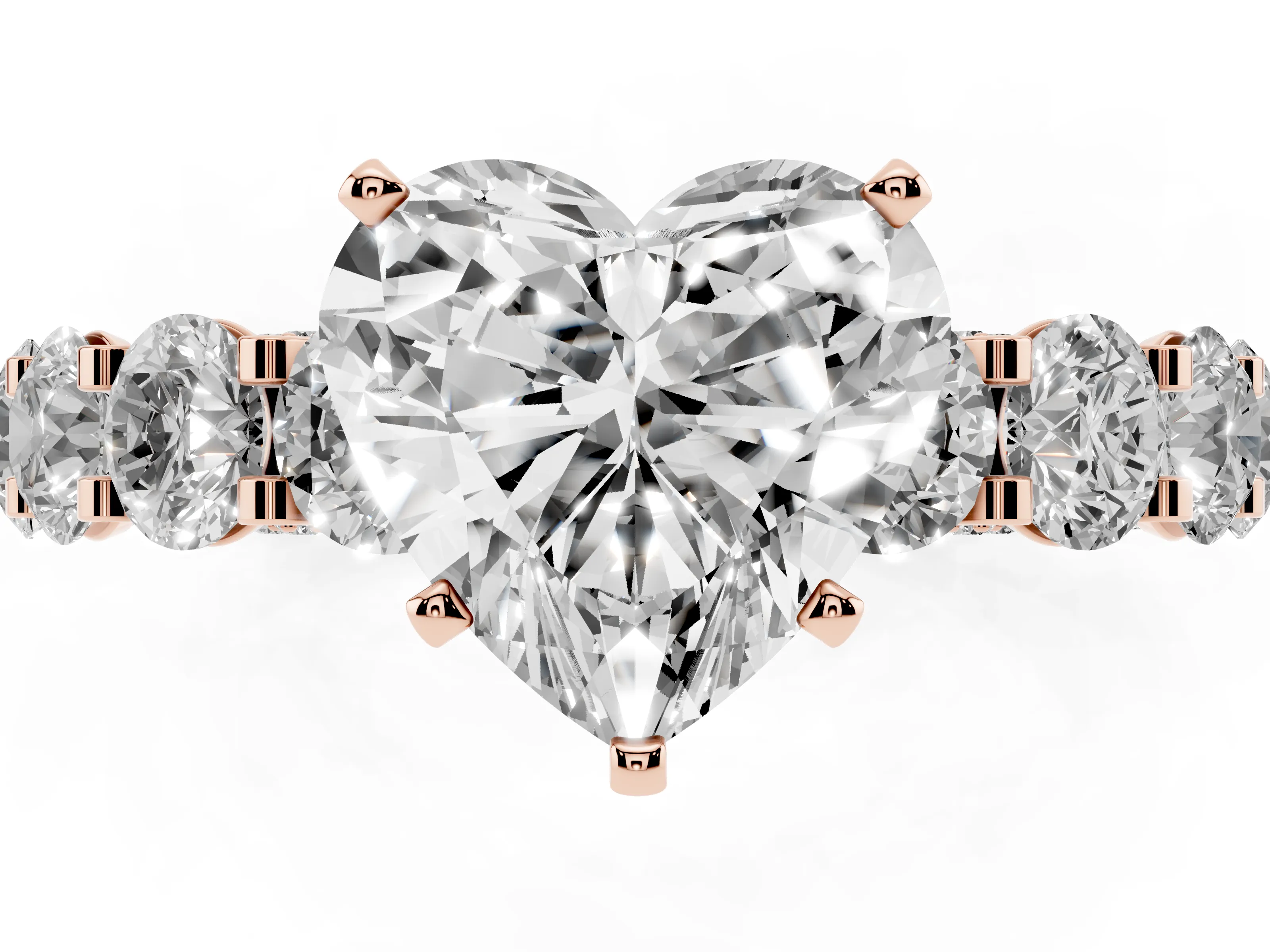 Heart Cut Diamond Side Stone Ring Set in Rose gold with Alternating Round and Oval Side Stones